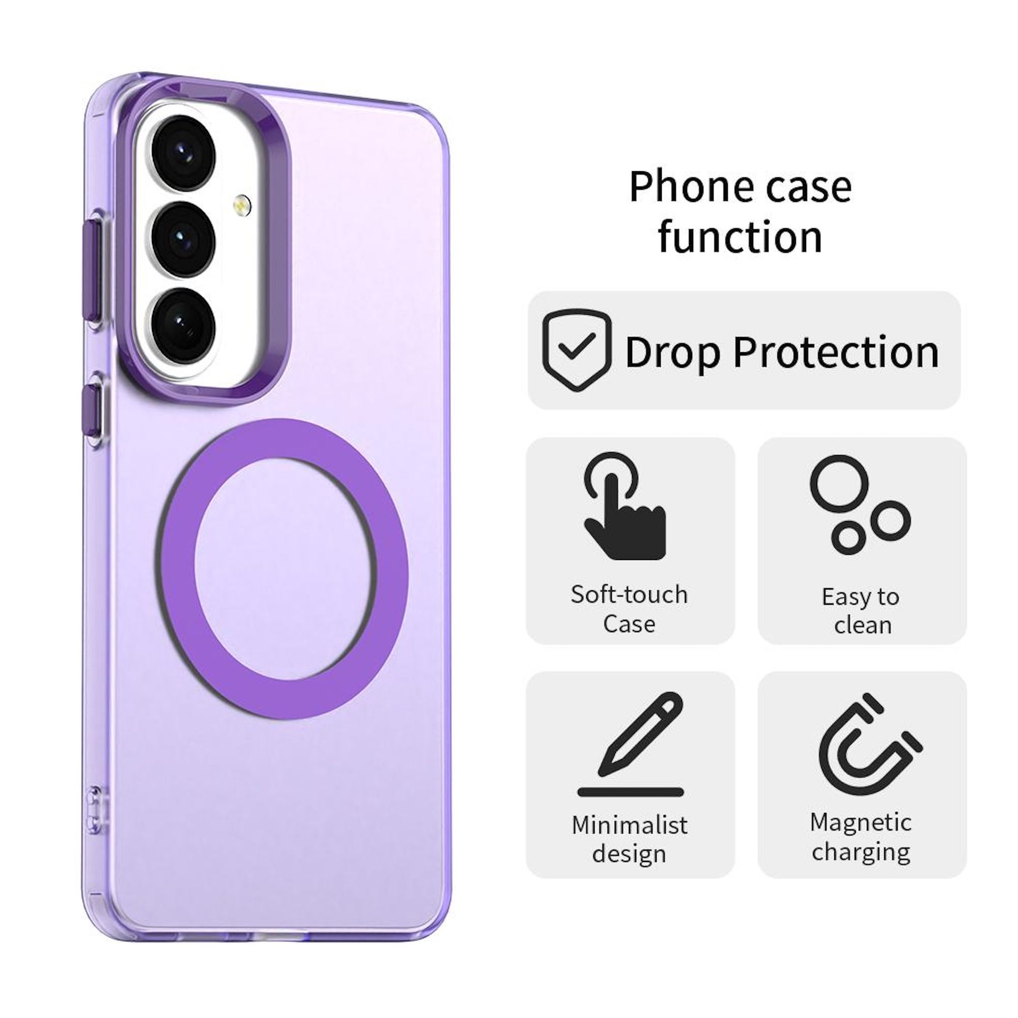 Funda morada para teléfono con anillo magnético, muestra protección.