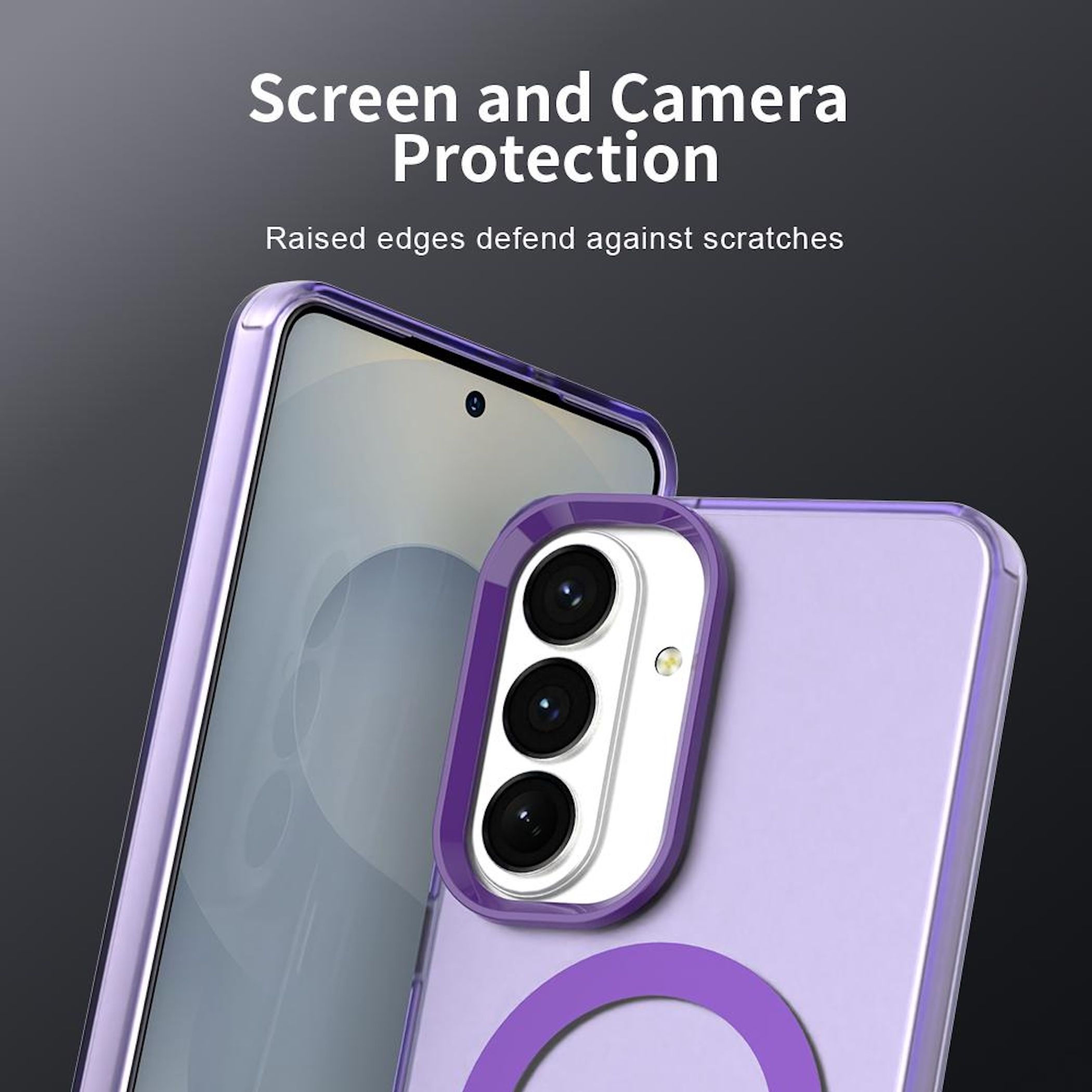 Una funda morada protege un smartphone con tres lentes de cámara.