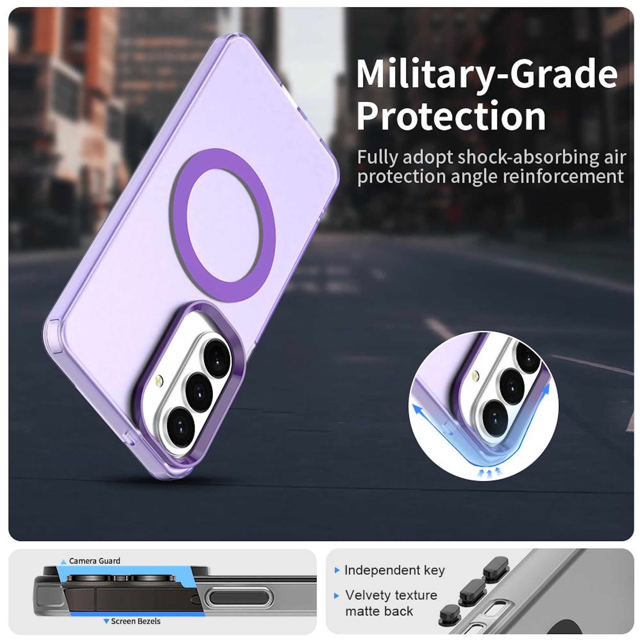 Funda morada para teléfono con protector de cámara y detalles de bisel.