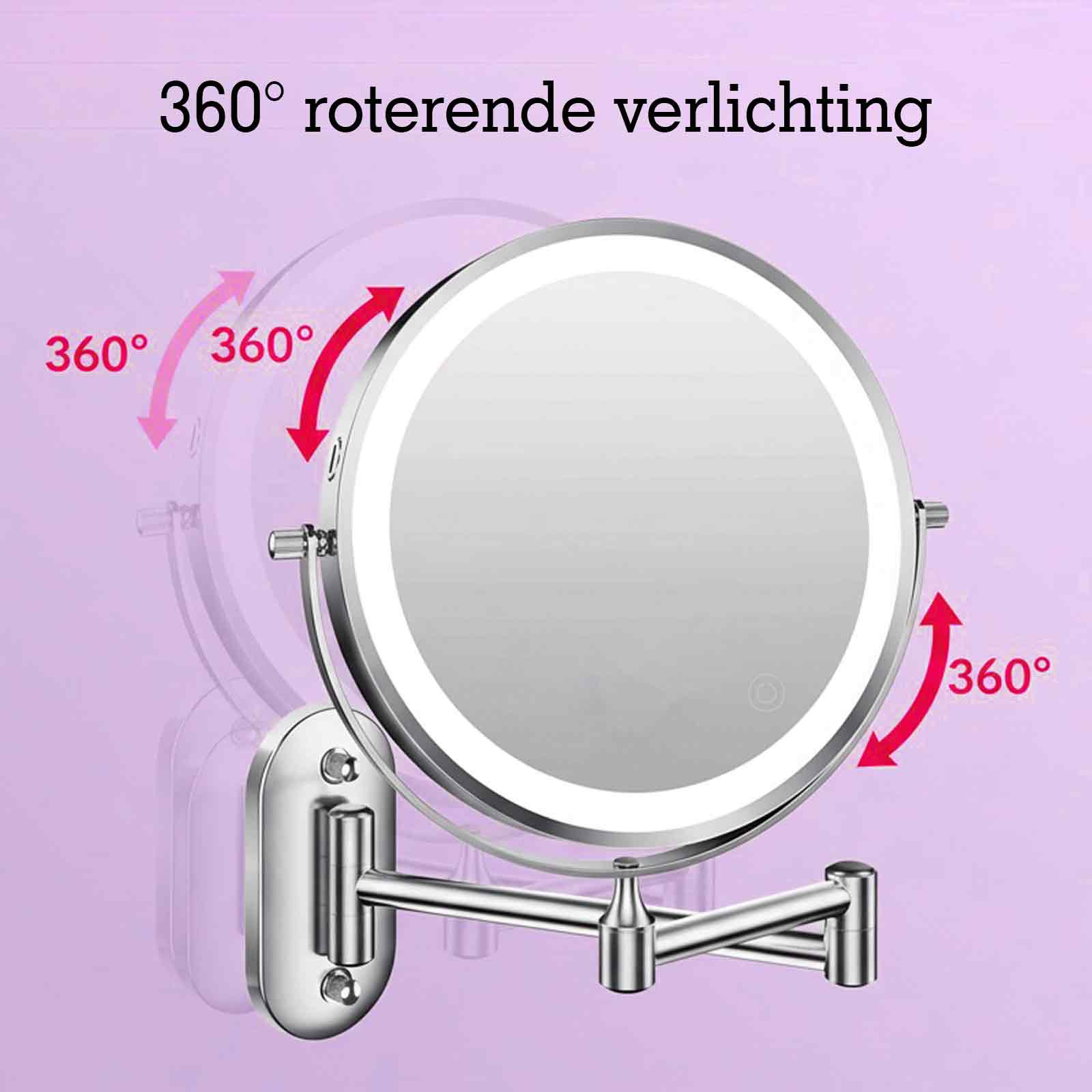 Ein runder Spiegel mit LED-Beleuchtung und Schwenkarm an einer Wand.