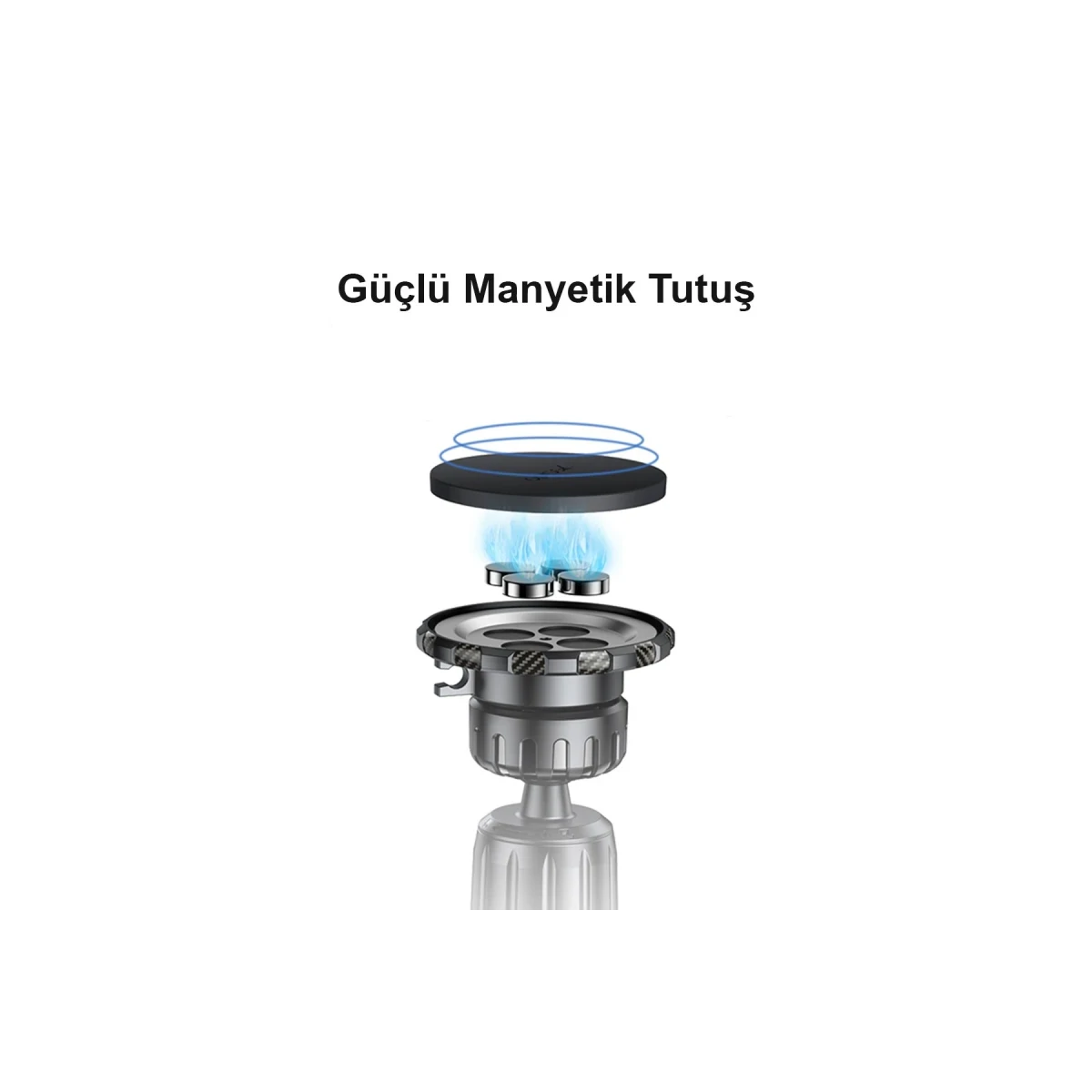 Üç mıknatıs ve yuvarlak bir montajı olan manyetik telefon tutucu.