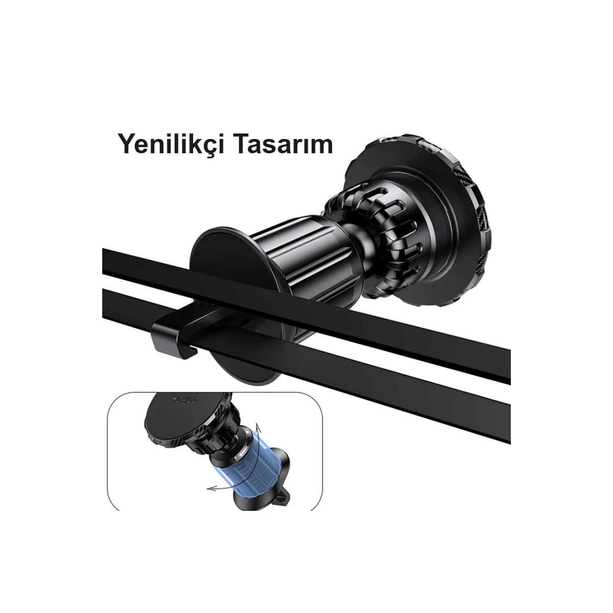 İki kayışlı siyah araç tutucu, yakın çekim.
