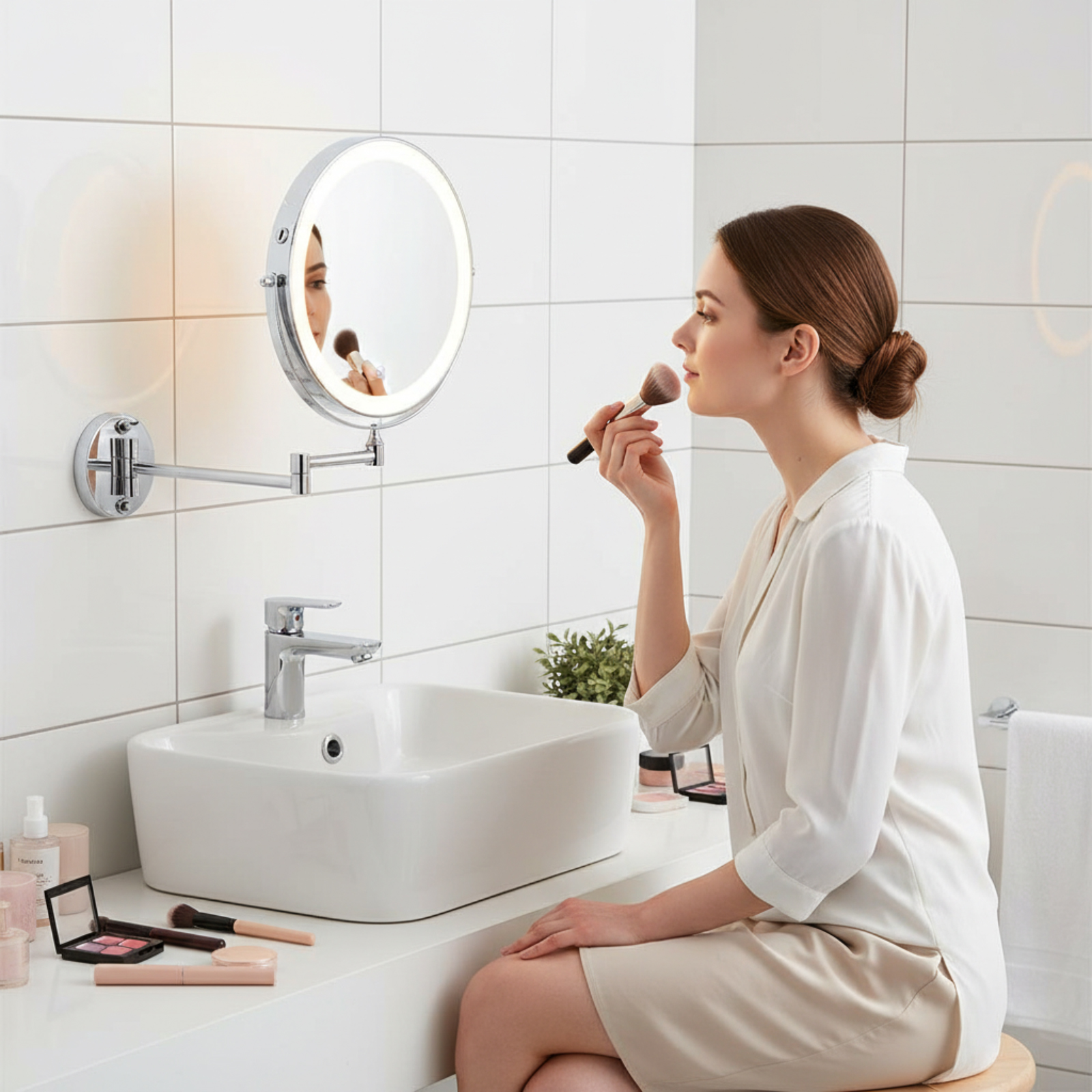 Frau trägt Make-up im Badezimmer vor einem beleuchteten Spiegel auf.