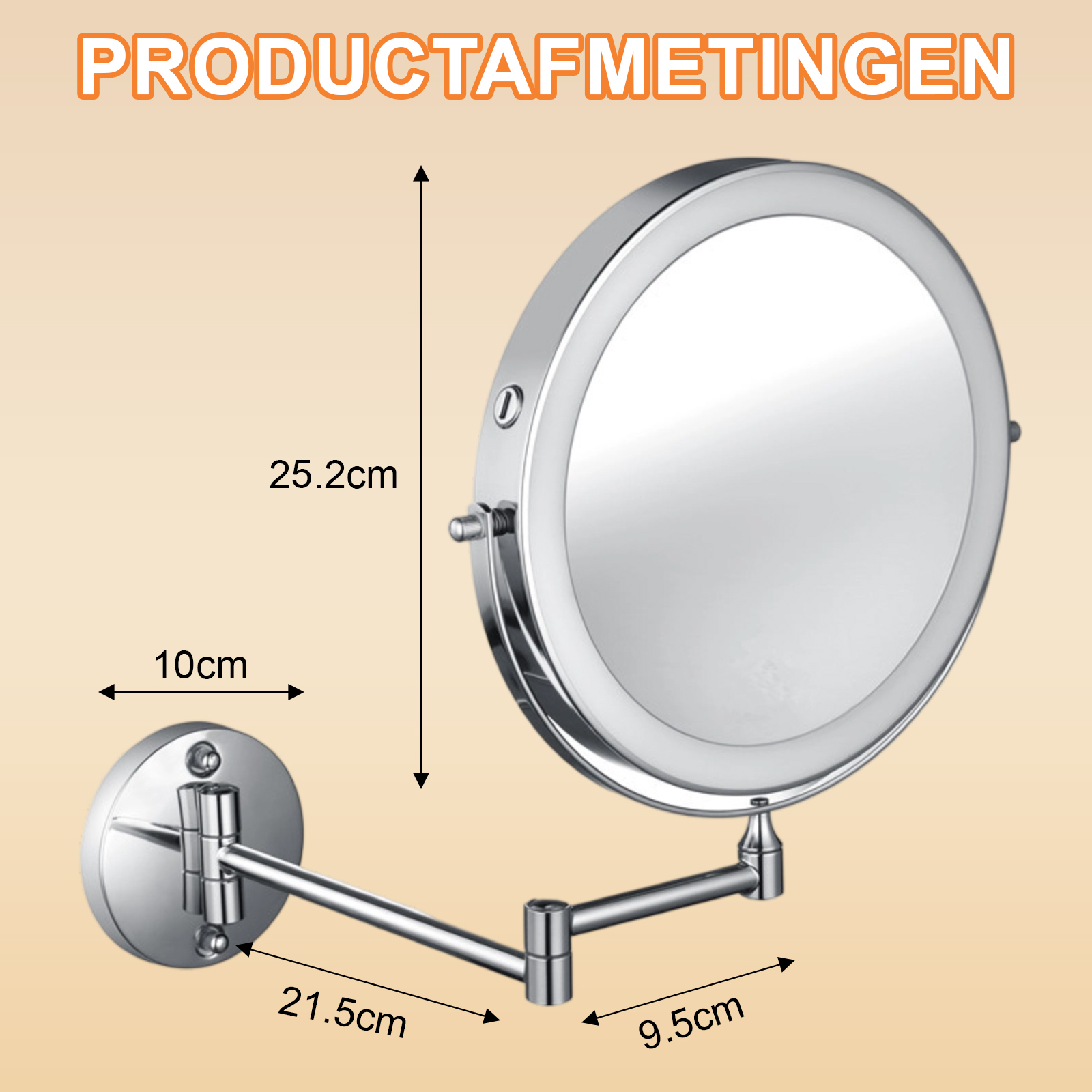 Ein schwenkbarer Kosmetikspiegel mit Beleuchtung und Maßen.