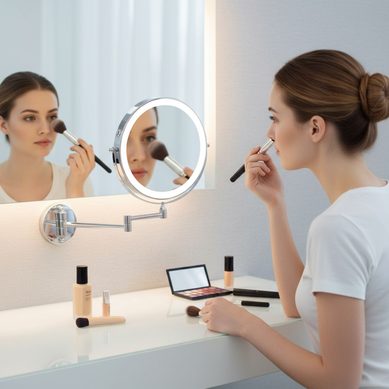 Eine Frau trägt mit einem Pinsel Make-up auf, vor einem beleuchteten Spiegel.