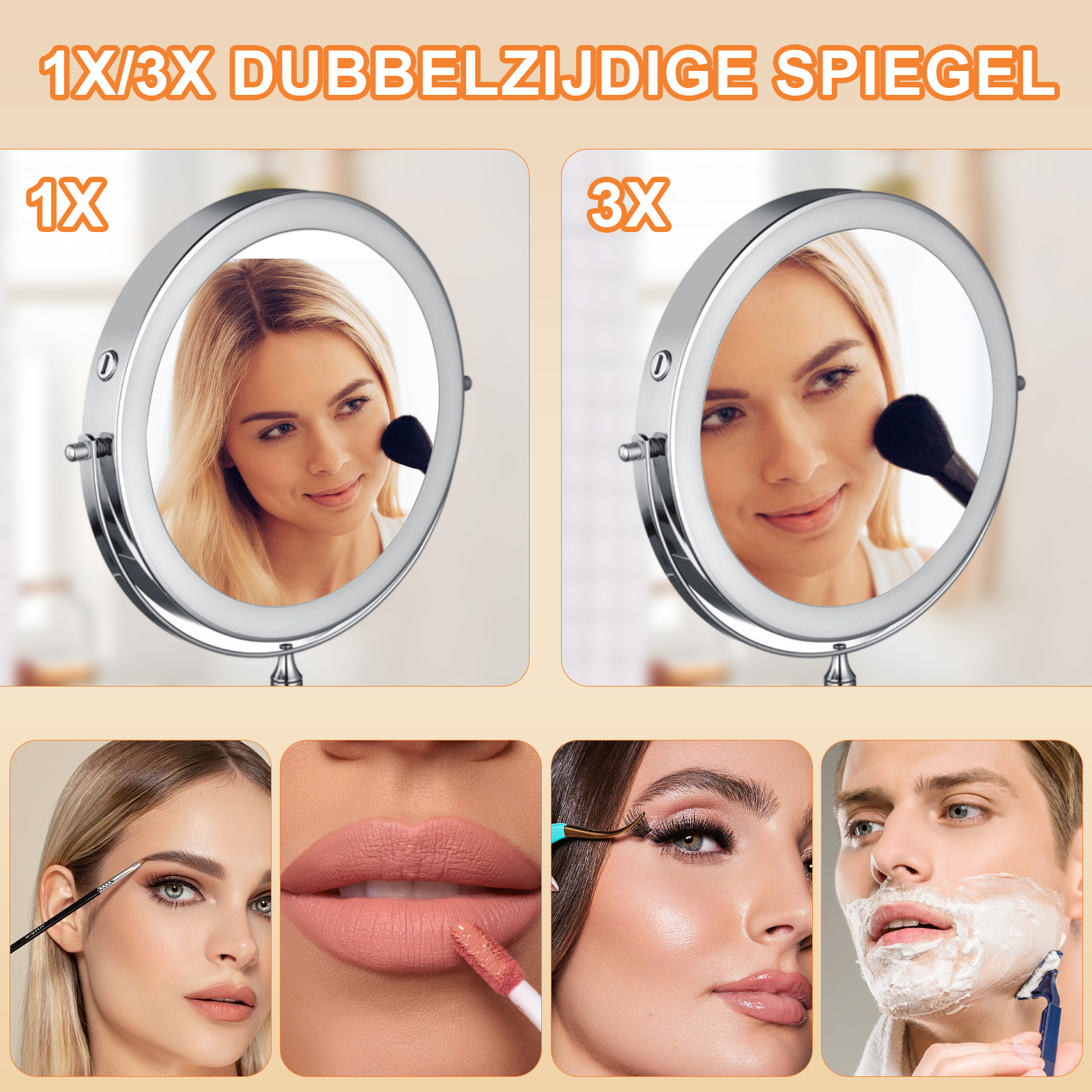 Eine Frau schminkt sich vor einem 1x-Spiegel, daneben ein 3x-Spiegel. Unten: Make-up-Anwendung, Lippen, Wimpern, Rasur.