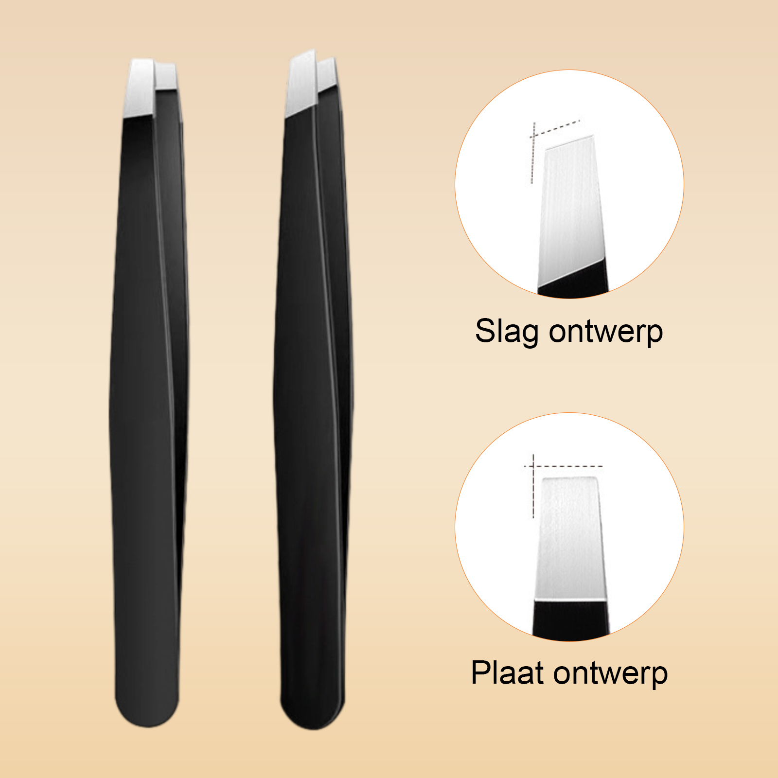 Zwei schwarze Pinzetten mit silbernen Spitzen und Detailansichten.