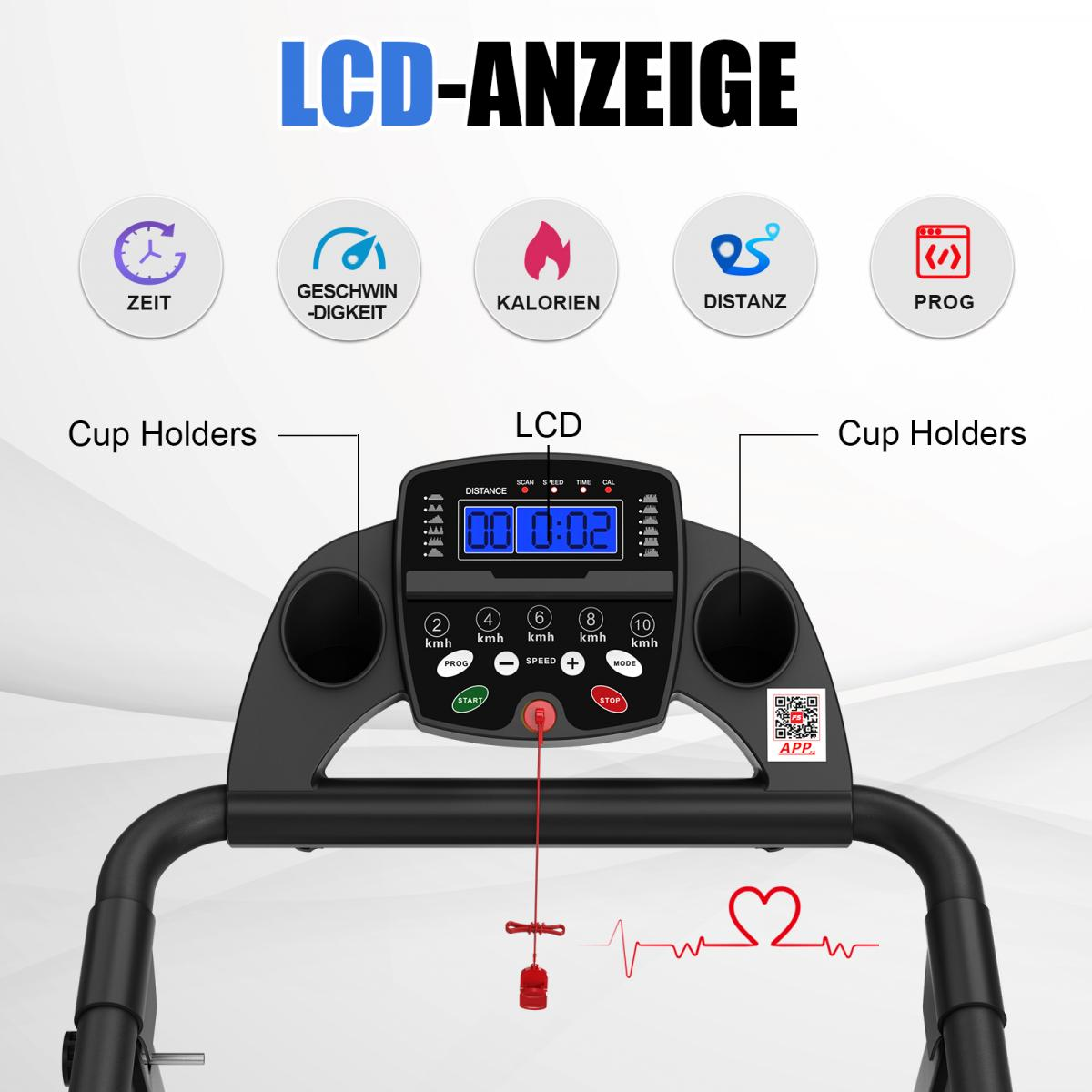 Bedienfeld eines Laufbands mit LCD-Anzeige, Tasten und Getränkehaltern.