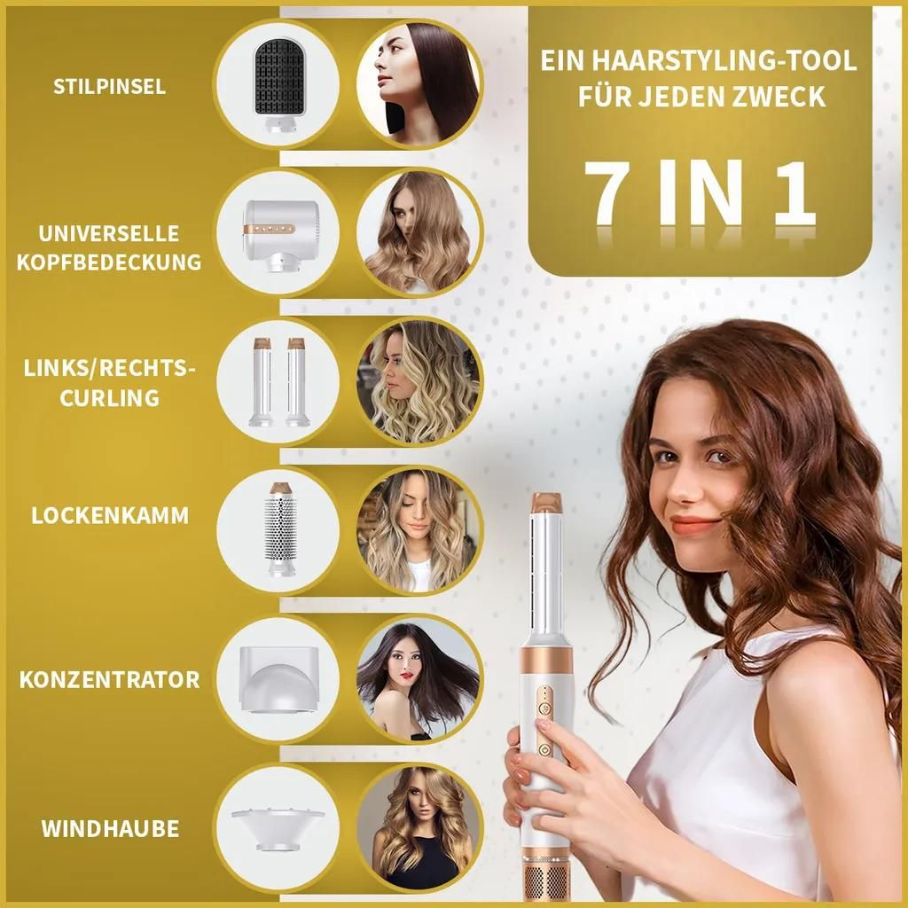 Ein 7-in-1-Haarstyling-Tool mit Aufsätzen wie Stylingbürste, Lockenkamm und Konzentrator.