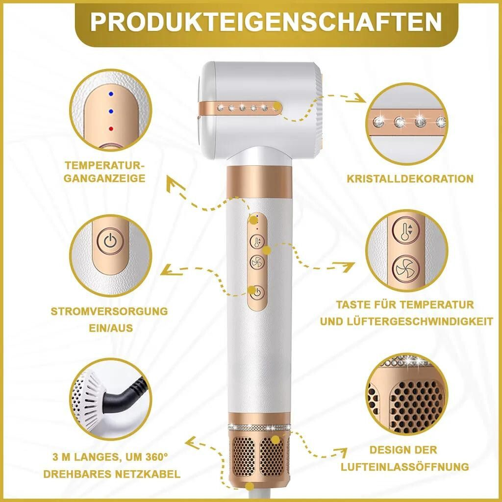 Ein weißer und goldener Haartrockner mit Bedienelementen und Details.