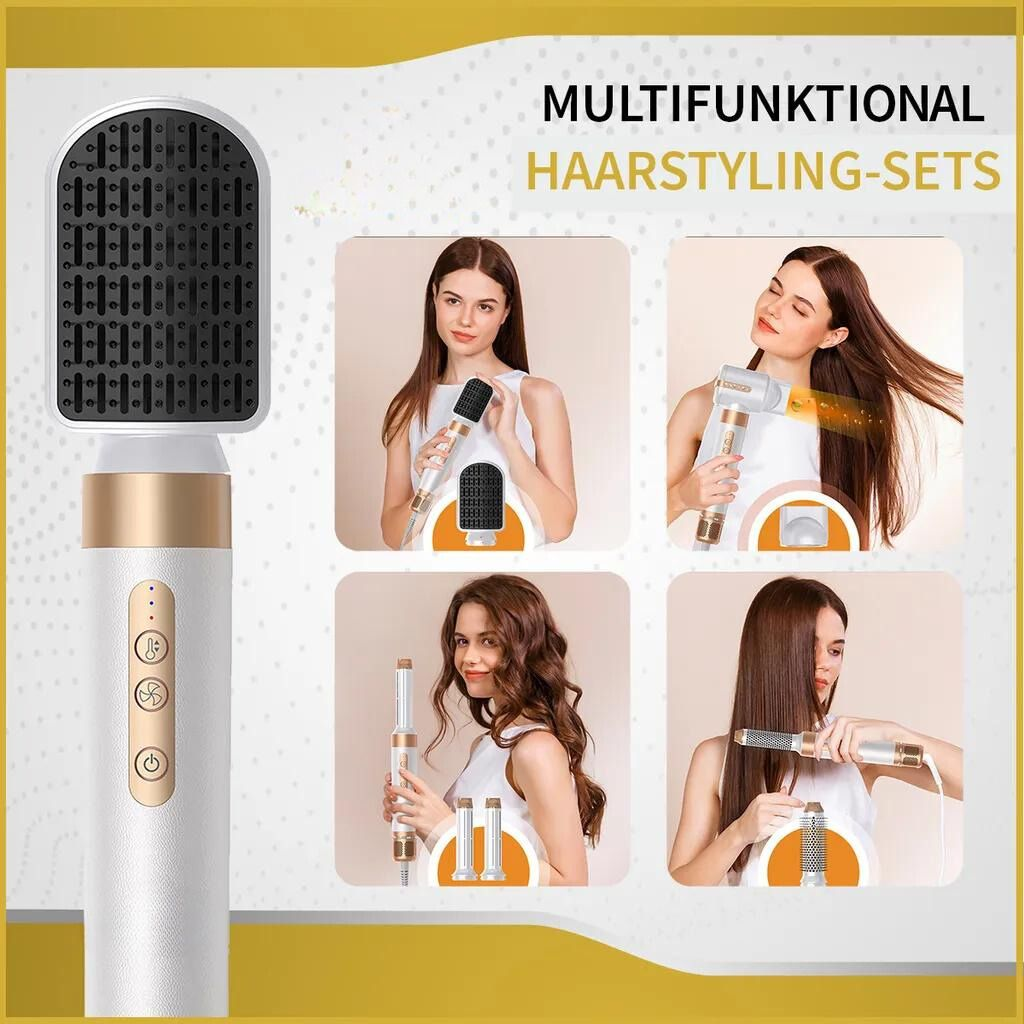 Ein multifunktionales Haartool mit vier Aufsätzen für verschiedene Styling-Optionen.