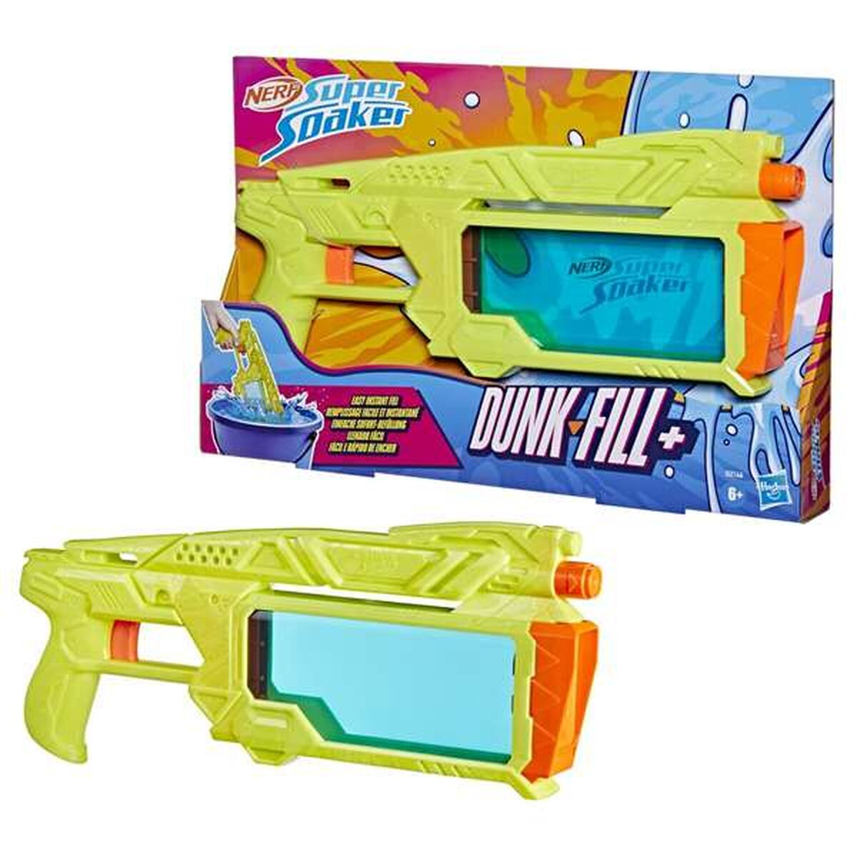 Eine gelbe Nerf Super Soaker Wasserpistole mit blauem Tank und orangefarbenen Details.