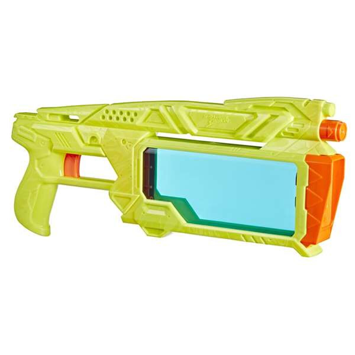 Eine hellgrüne Wasserpistole mit blauen und orangen Akzenten.
