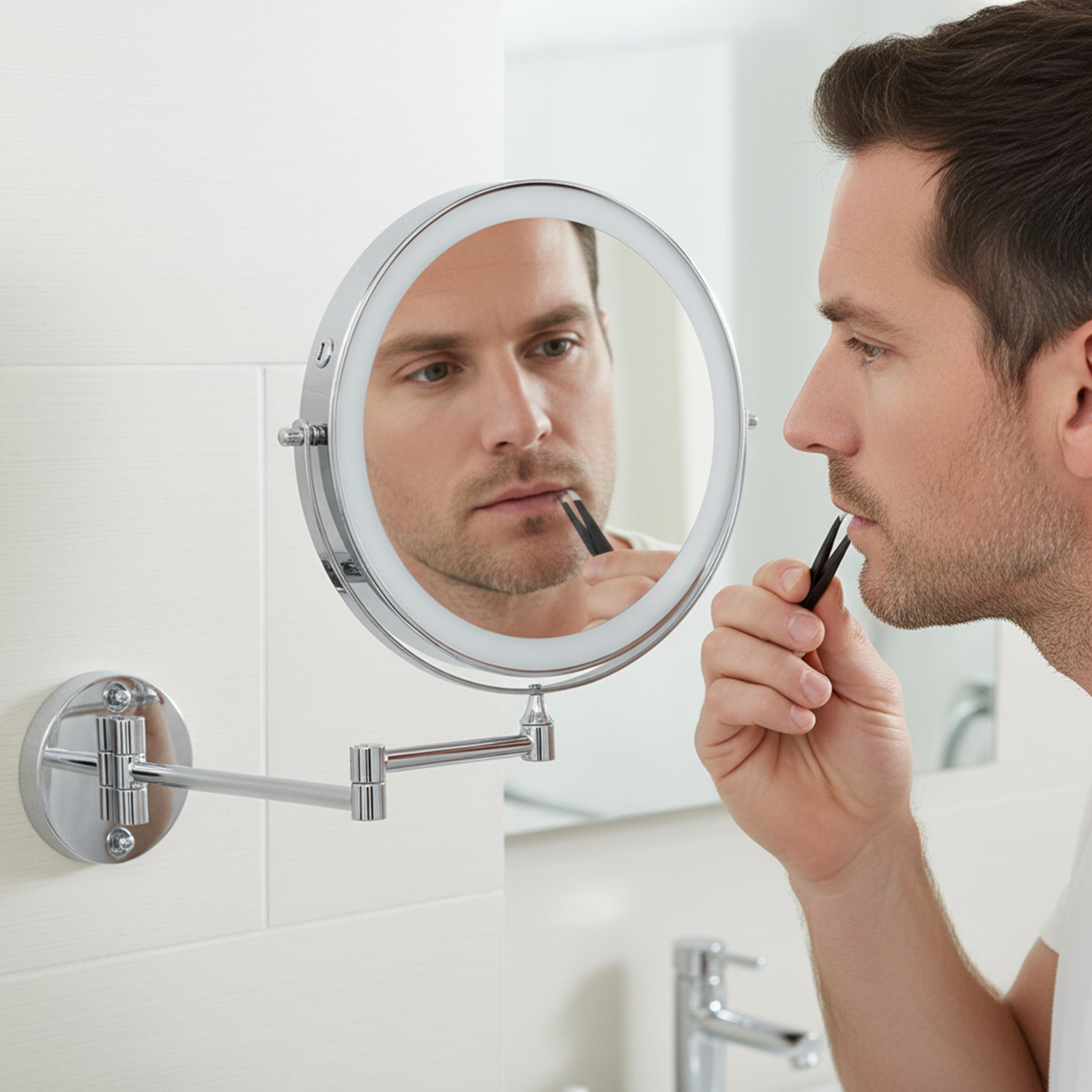 Mann zupft Haare über der Lippe mit Pinzette vor beleuchtetem Spiegel.