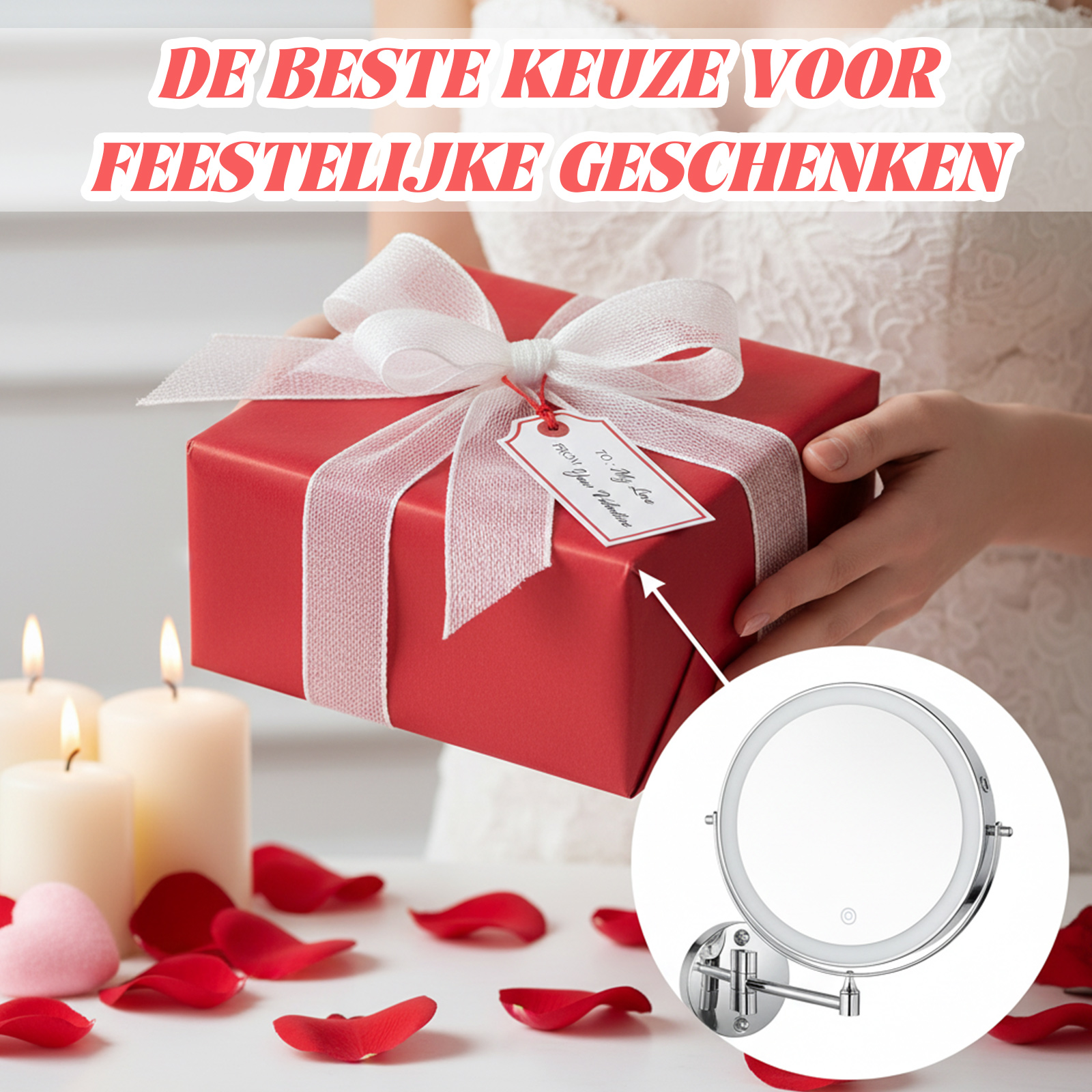 Eine Person hält ein rotes Geschenk mit weißem Band. Kerzen und Rosenblätter im Vordergrund.