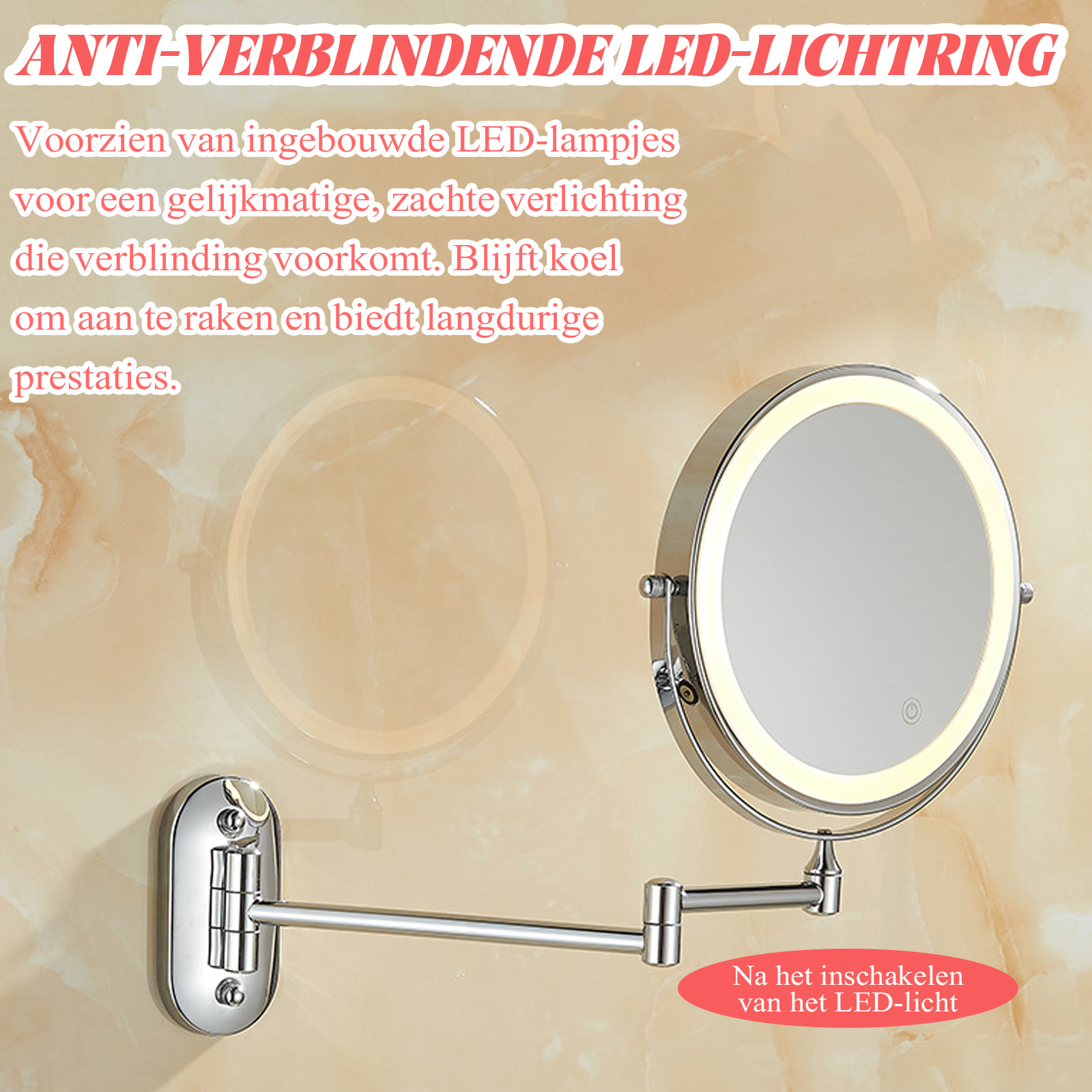 Ein schwenkbarer Kosmetikspiegel mit LED-Beleuchtung an der Wand.
