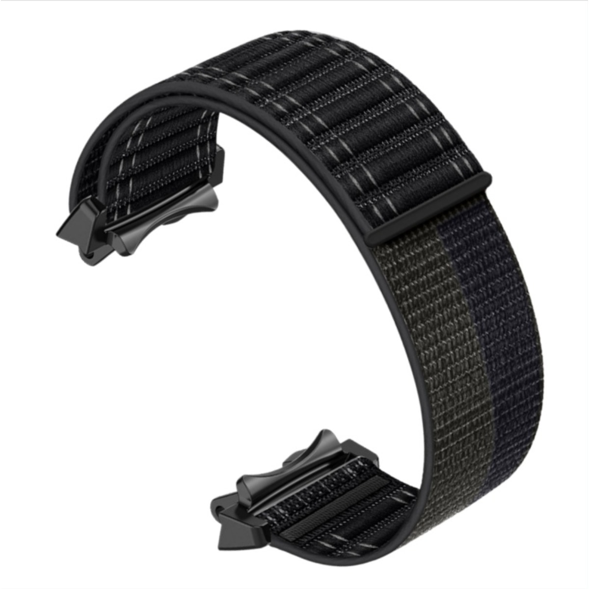 Schwarzes Stoffuhrenarmband mit grauem Karomuster und schwarzer Schnalle.