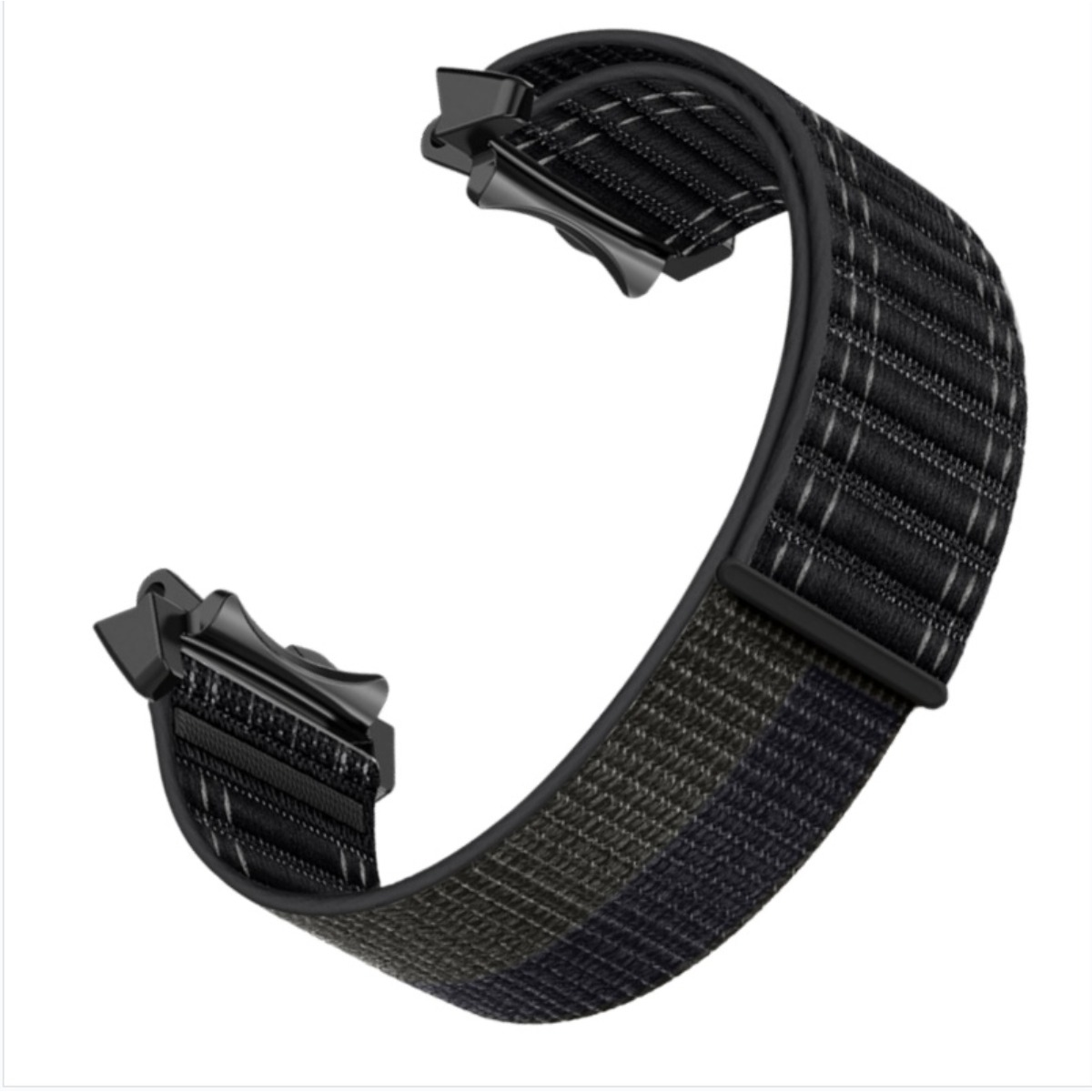 Schwarzes Textilarmband mit grauen Streifen und schwarzen Schnallen.