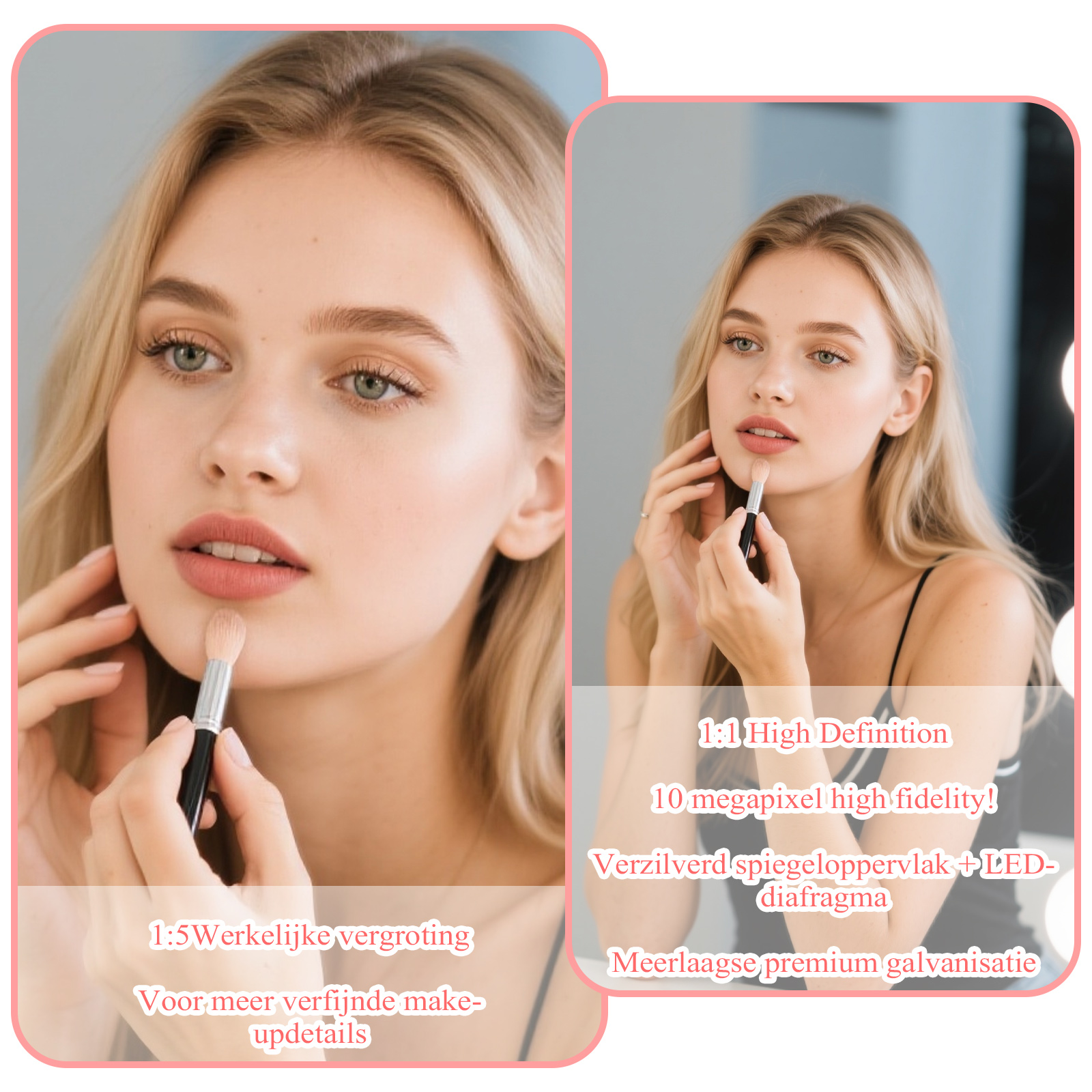 Eine junge Frau mit blonden Haaren trägt Make-up auf, mit Textüberlagerungen.