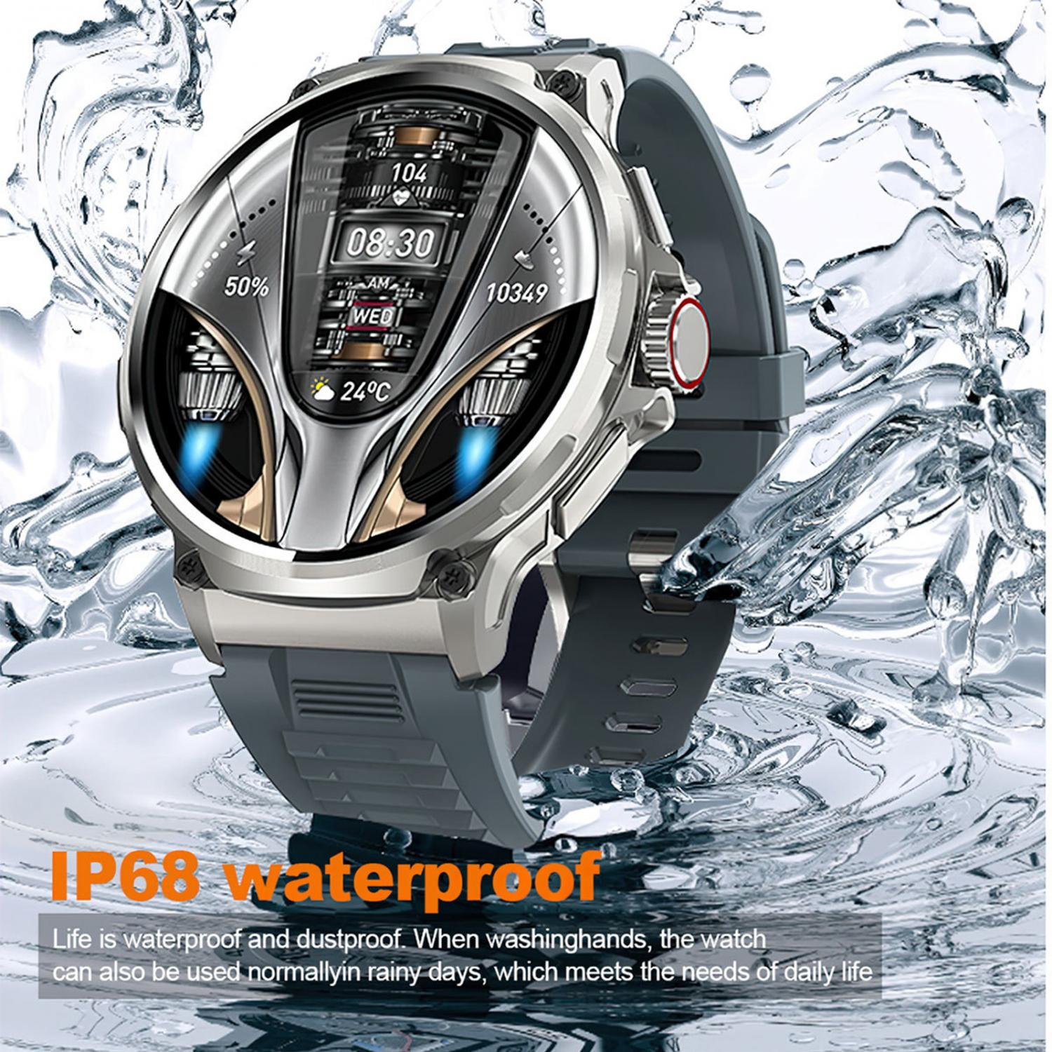 Silberne Smartwatch mit grauem Armband, umgeben von Wasserspritzern.