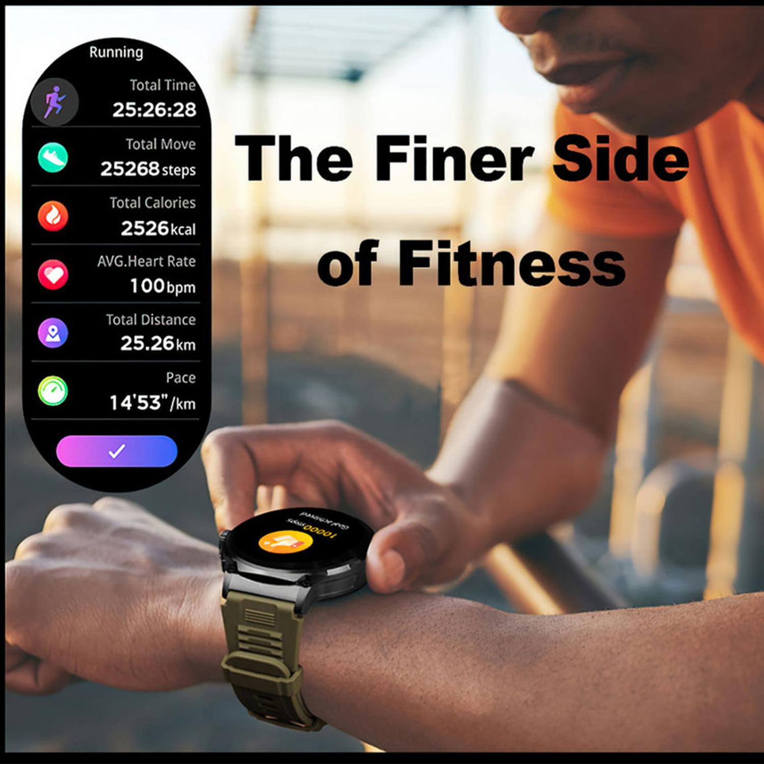 Eine Smartwatch zeigt Trainingsdaten wie Zeit, Schritte und Kalorien an.