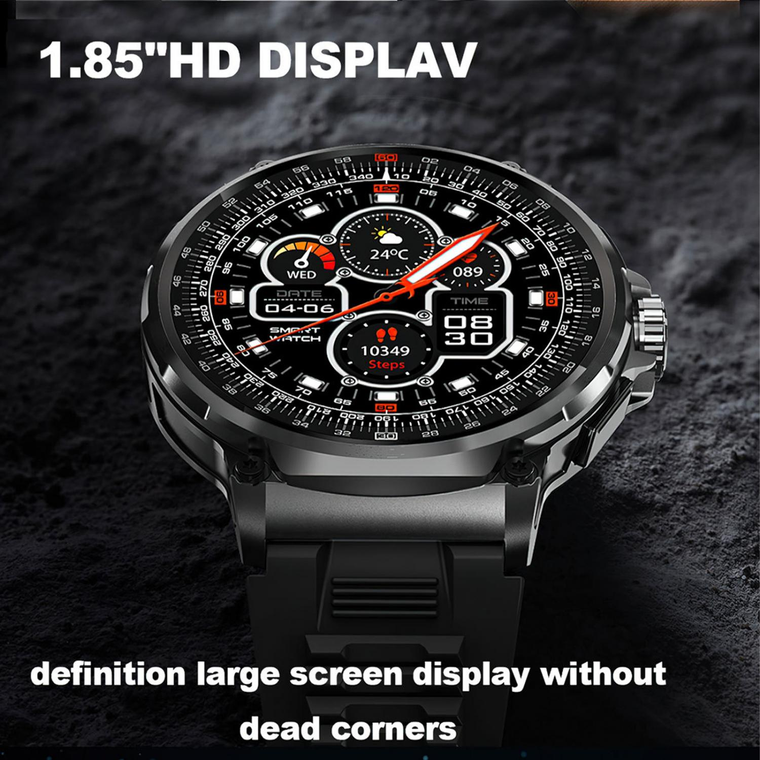 Eine schwarze Smartwatch mit großem Display, zeigt Datum, Zeit, Schritte und Temperatur.