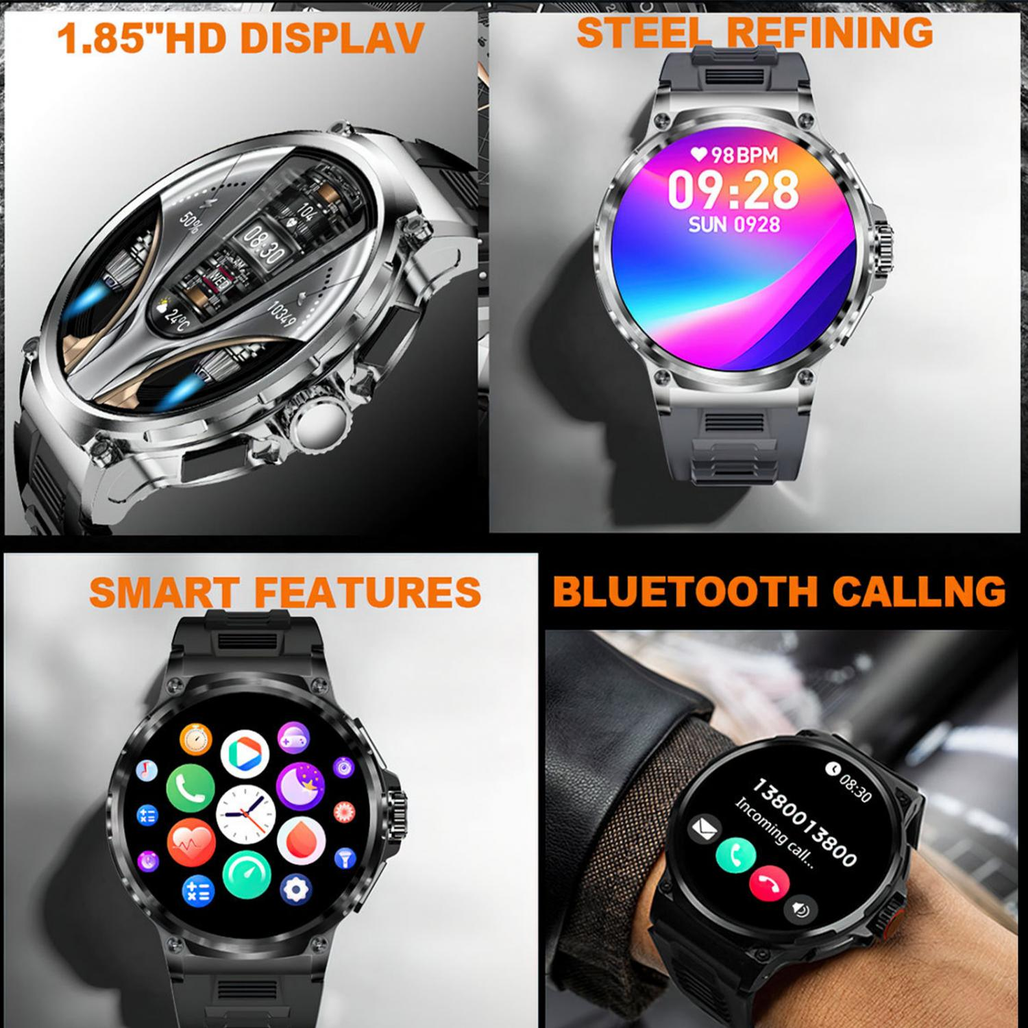 Silberne Smartwatch mit detailliertem Zifferblatt, Herzfrequenzanzeige, Datum und Wetter.