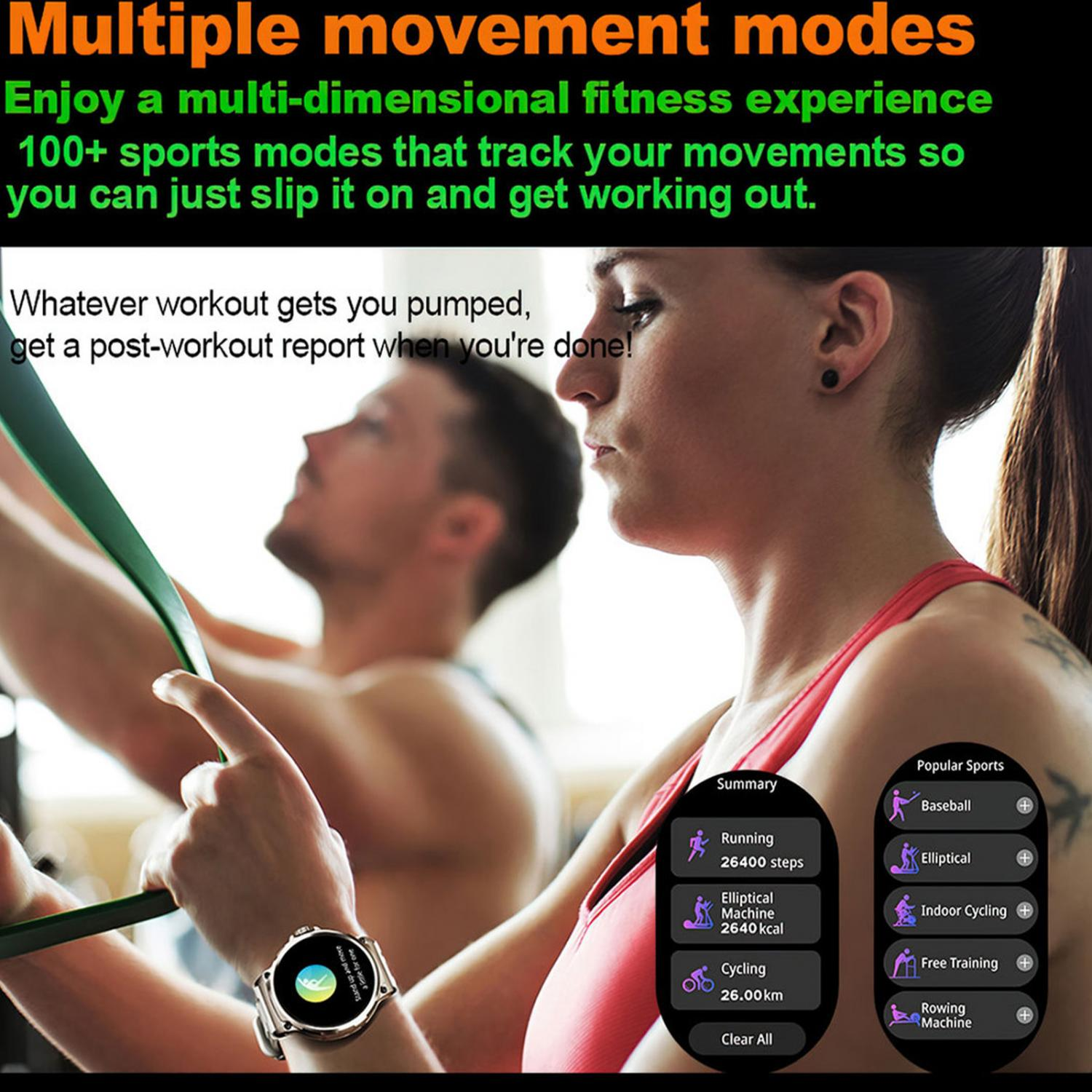 Frau und Mann trainieren mit Fitness-Tracker und Band. Sportmodi werden angezeigt.