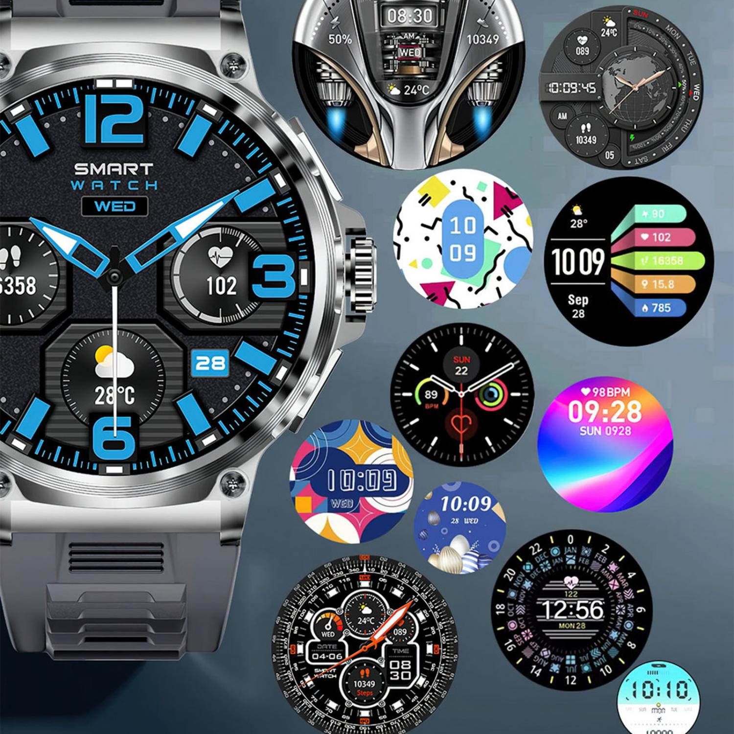 Eine Gruppe von Smartwatch-Zifferblättern mit verschiedenen Anzeigen für Uhrzeit, Datum und Herzfrequenz.