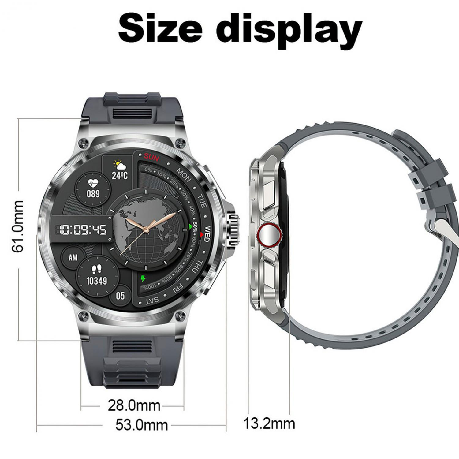 Ein silbernes und graues Smartwatch-Display mit Maßen.