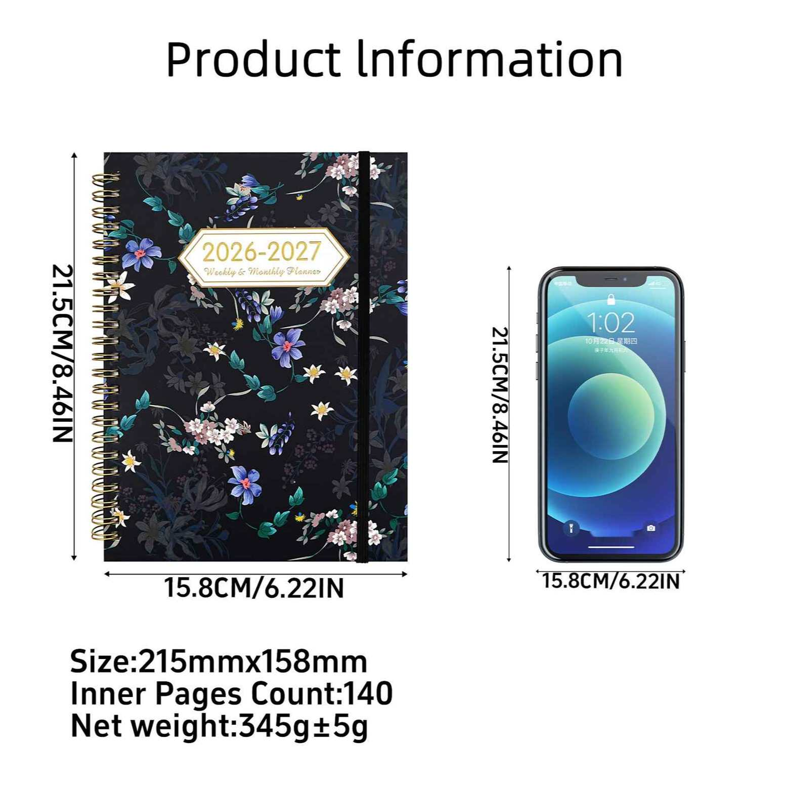 Ein Planer mit Blumenmuster und ein Smartphone nebeneinander.