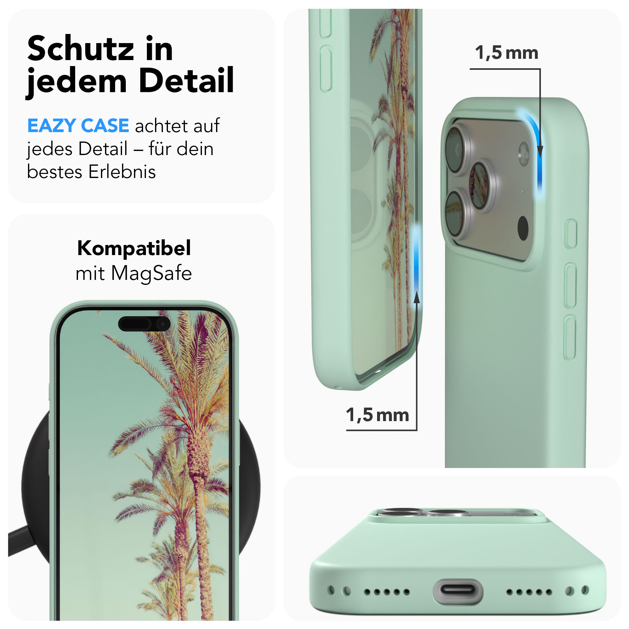 Hellgrüne Handyhülle zeigt Palmendruck, 1,5mm Dicke und Ladeanschluss.