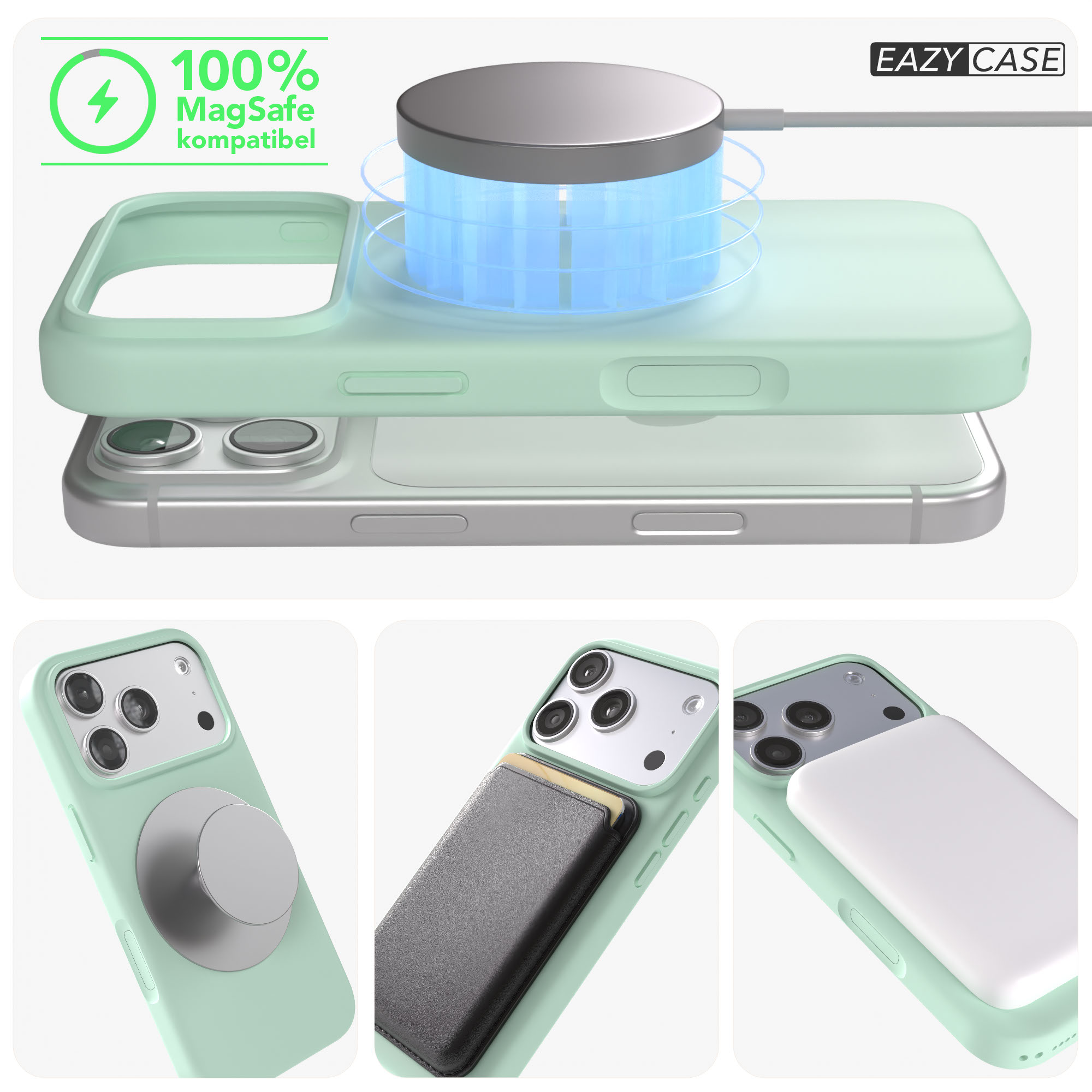 Mintfarbene Hülle mit MagSafe-Ladegerät und Zubehörteilen.