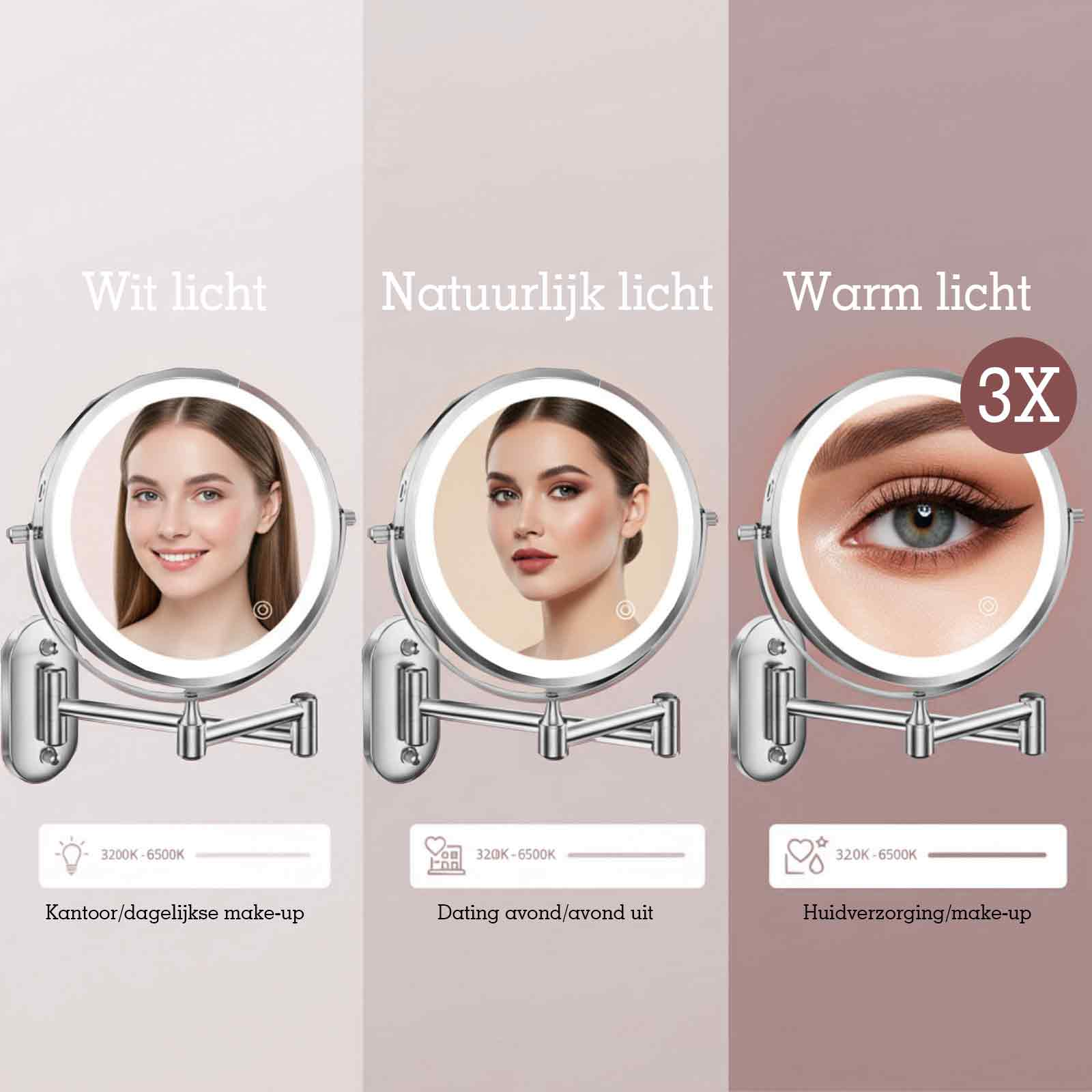 Drei Kosmetikspiegel mit Licht: Weiß, Natürlich und Warmlicht. 3x Vergrößerung.