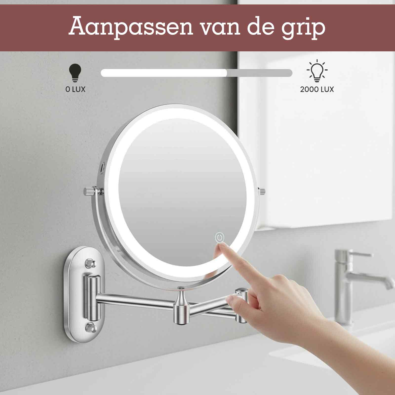 Ein finger berührt einen runden beleuchteten Spiegel, der an der Wand montiert ist.