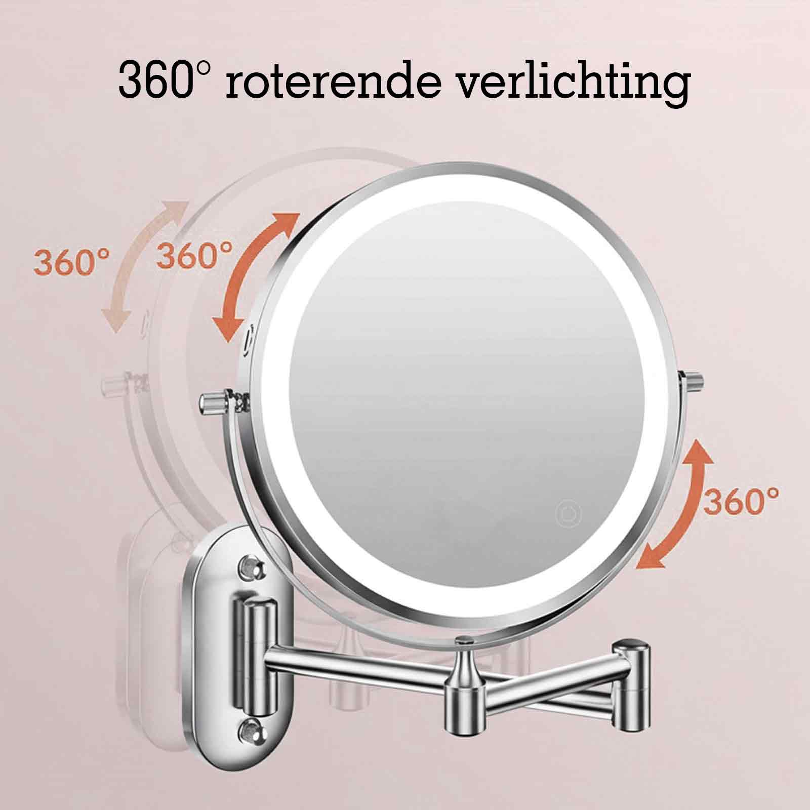 Ein beleuchteter Wandspiegel mit schwenkbarem Arm und 360-Grad-Drehung.