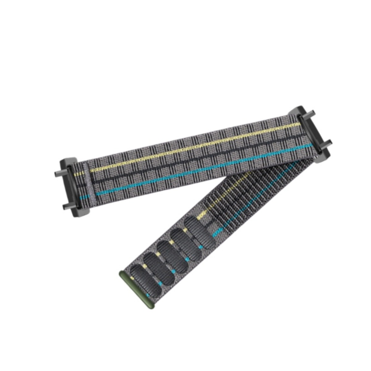 Graues Armband mit blau-gelben Streifen und schwarzen Schnallen.