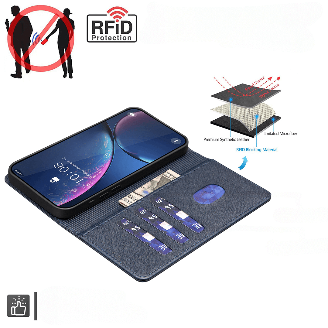 Blaue Handyhülle mit Kartenfächern und RFID-Schutz-Symbol.