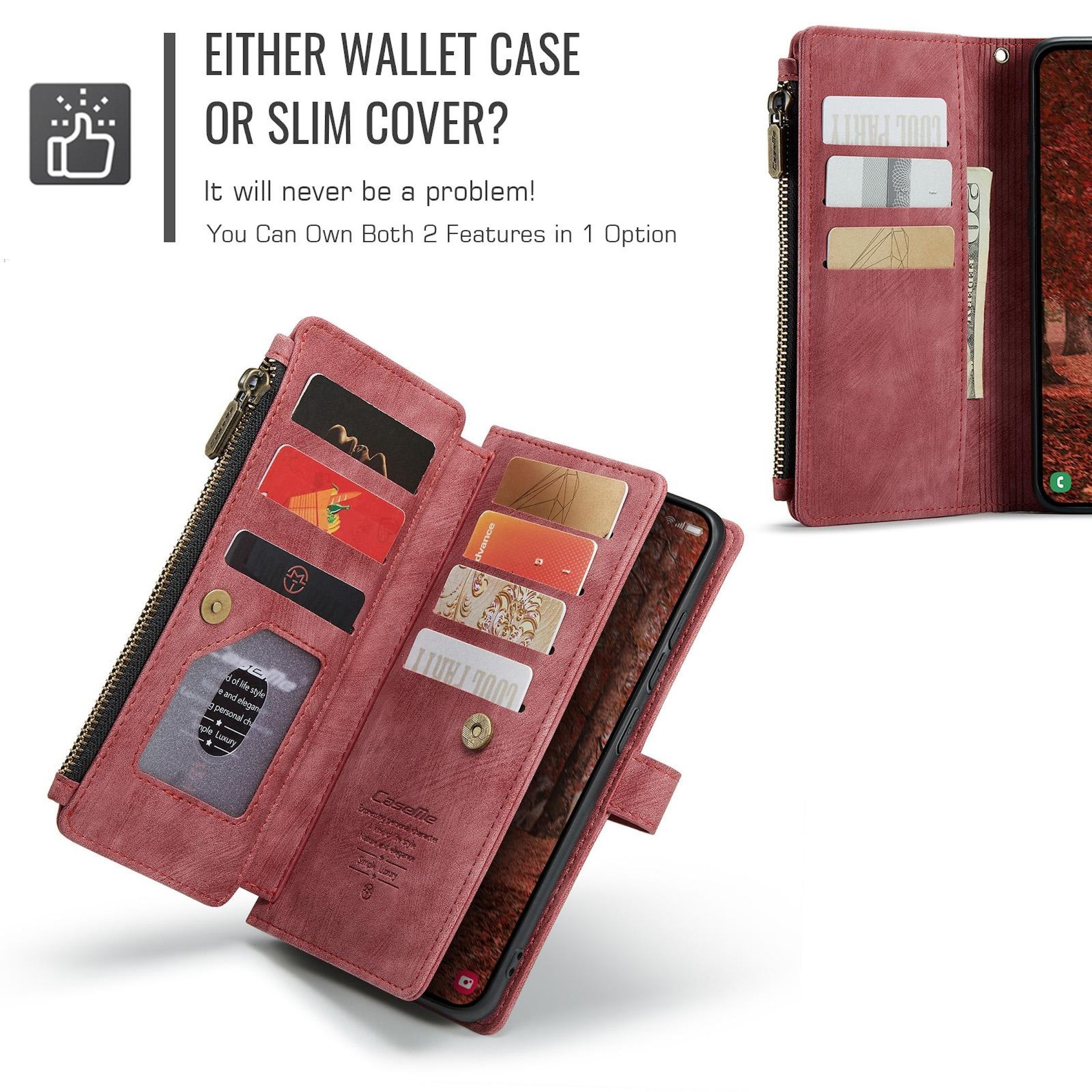 Rote Brieftasche mit Kartenfächern und Handy.