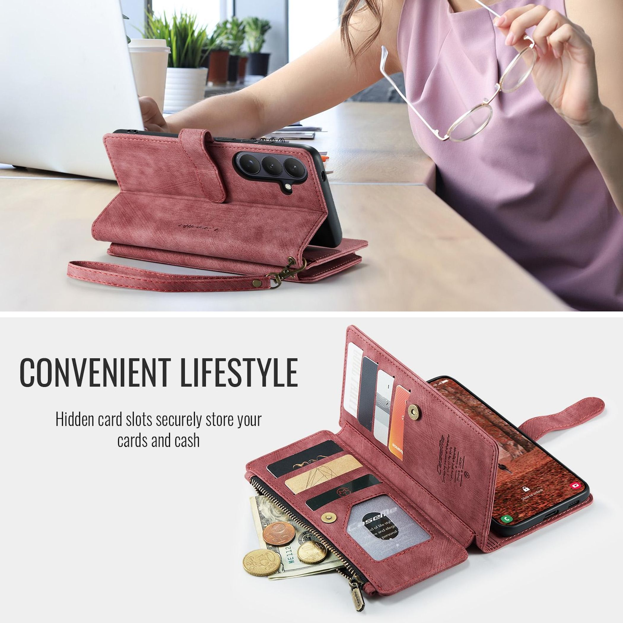 Rote Brieftasche mit Karten, Geld und Münzen, daneben ein Handy.