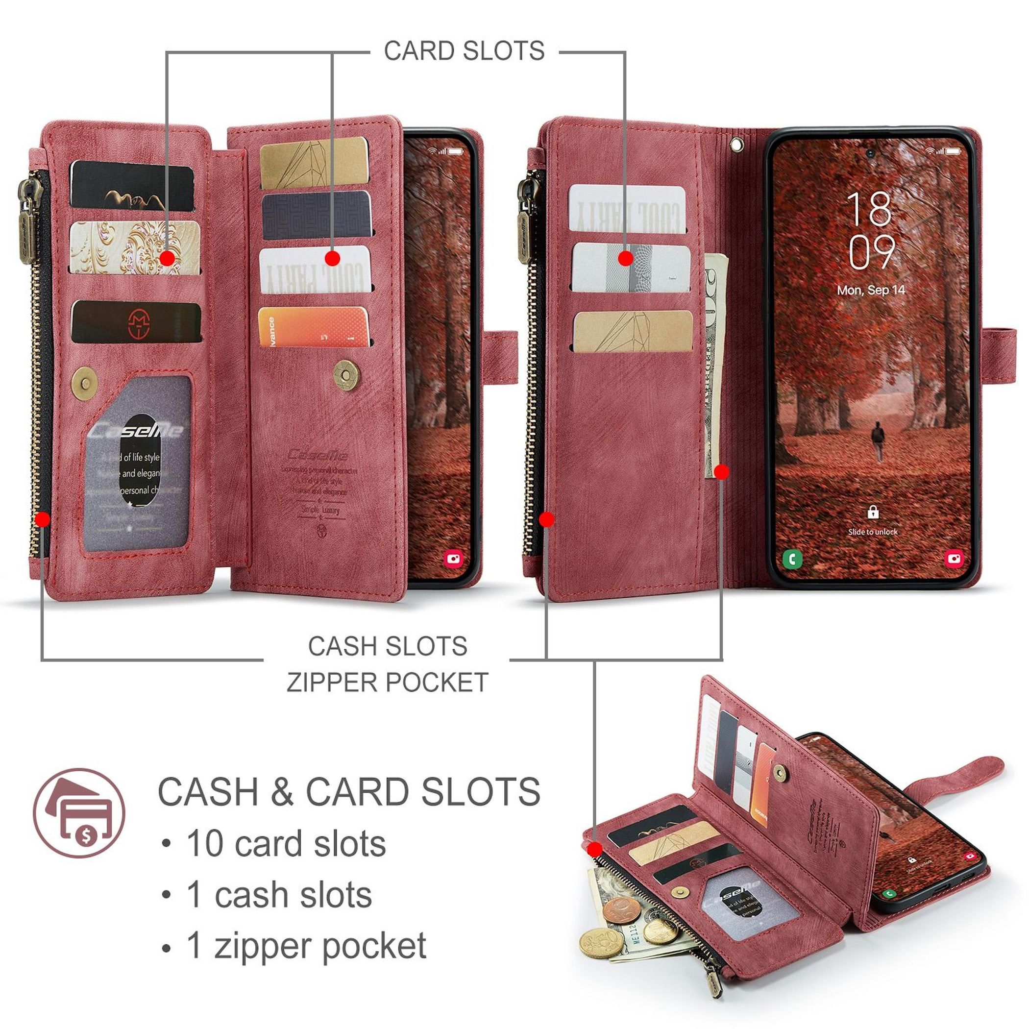 Rote Brieftasche mit Handy, Kartenfächern und Reißverschlusstasche.