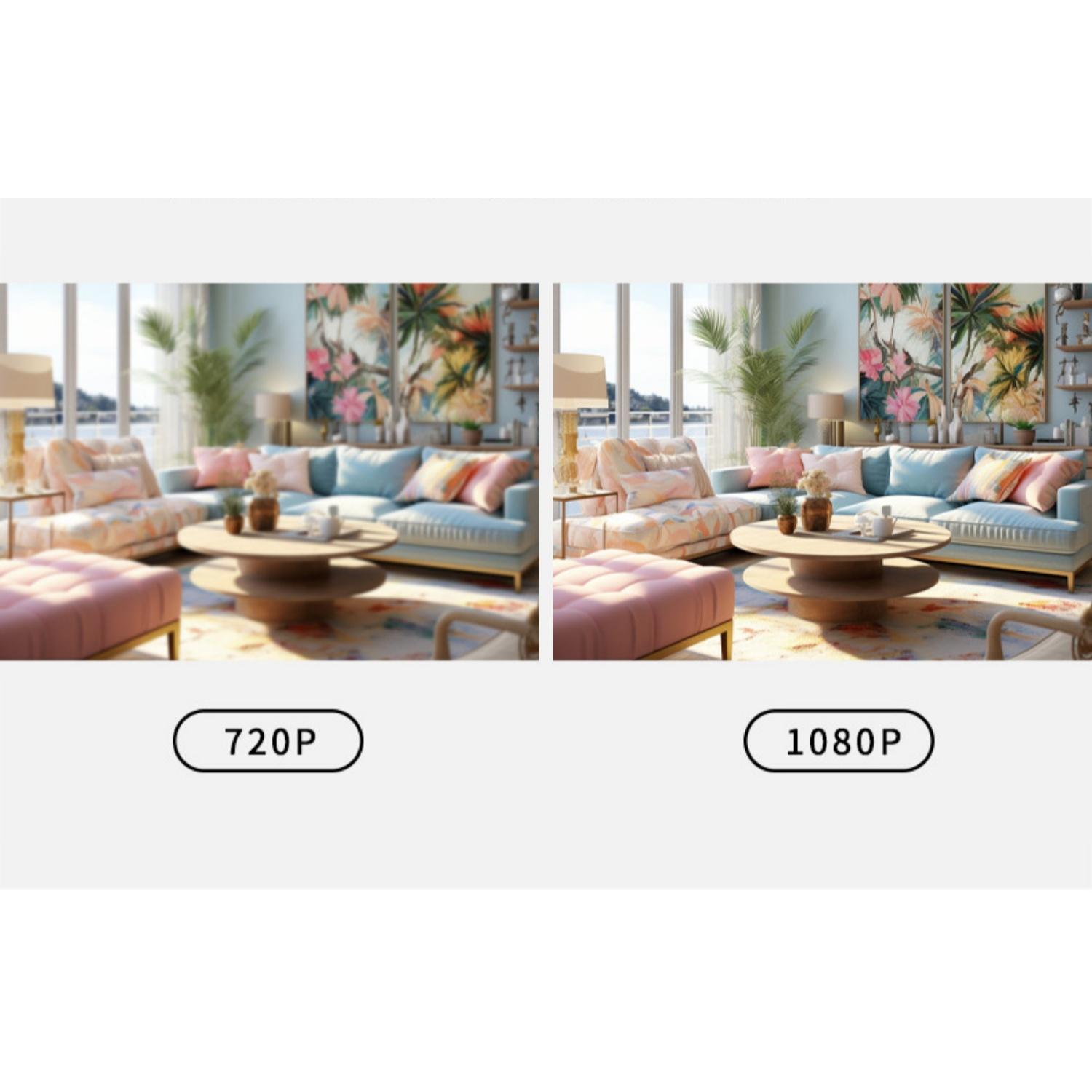 Wohnzimmer mit Sofa, Couchtisch und Bildern; 720P vs 1080P Auflösung.