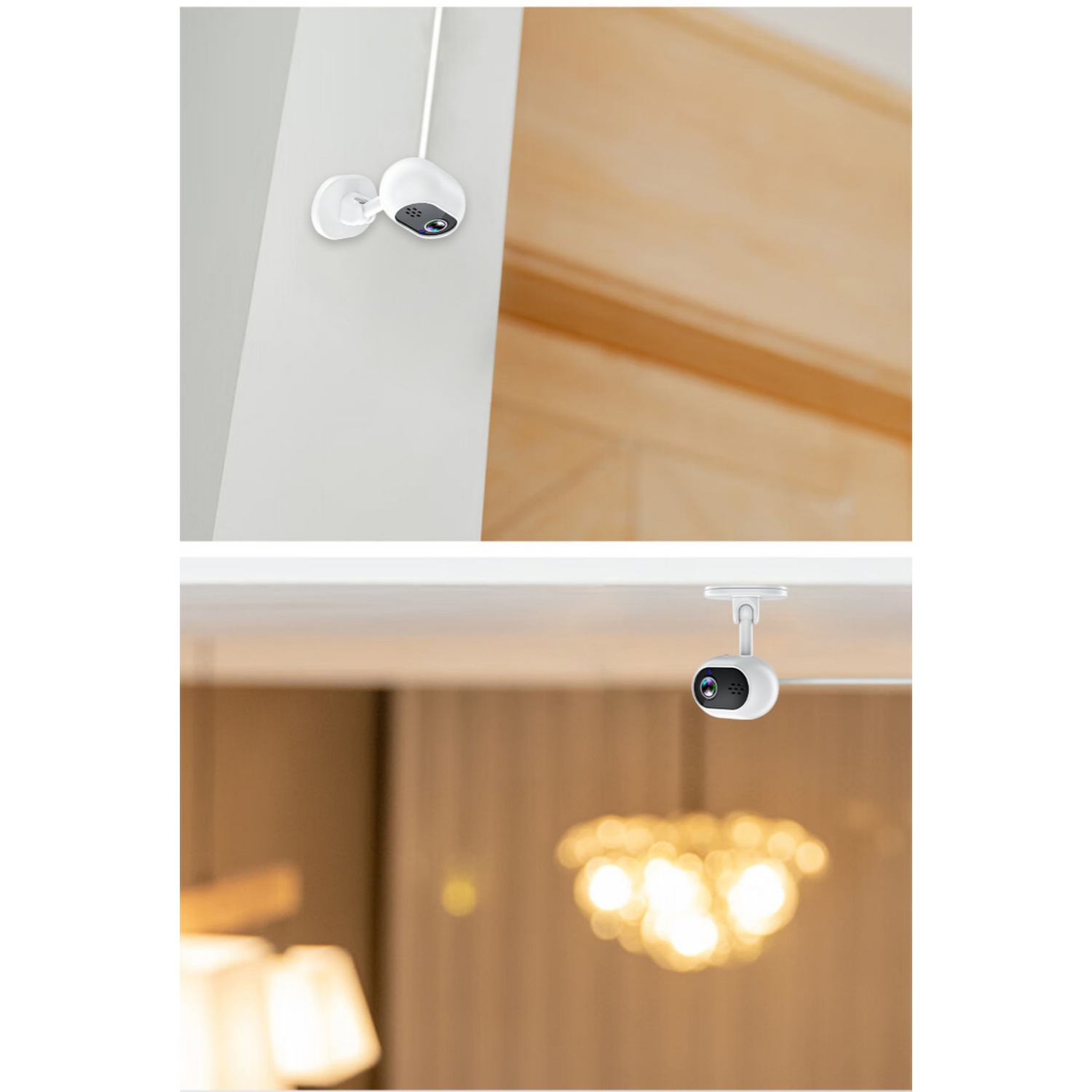 Zwei weiße Kameras an Wand und Decke, mit Holz und Lichtern im Hintergrund.