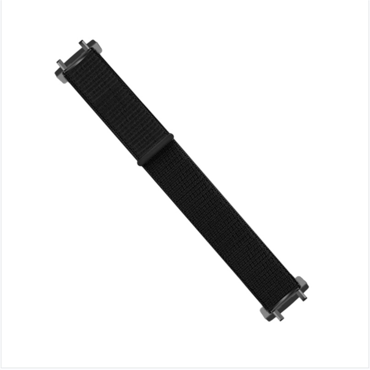 Schwarzes Textilarmband mit silbernen Anschlüssen, auf weißem Hintergrund.