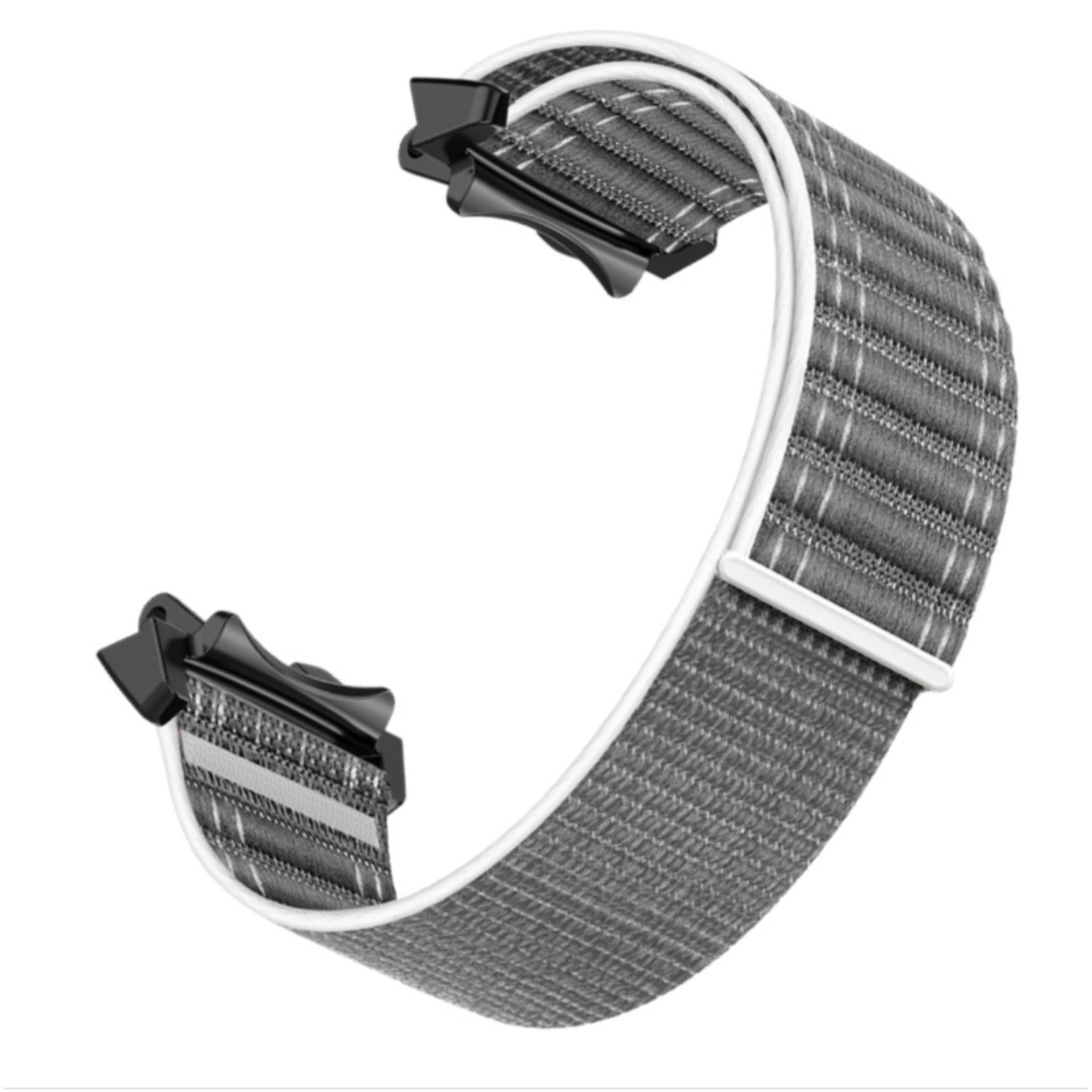 Graues Stoffarmband mit weißen Nähten und schwarzen Schnellverschlüssen.