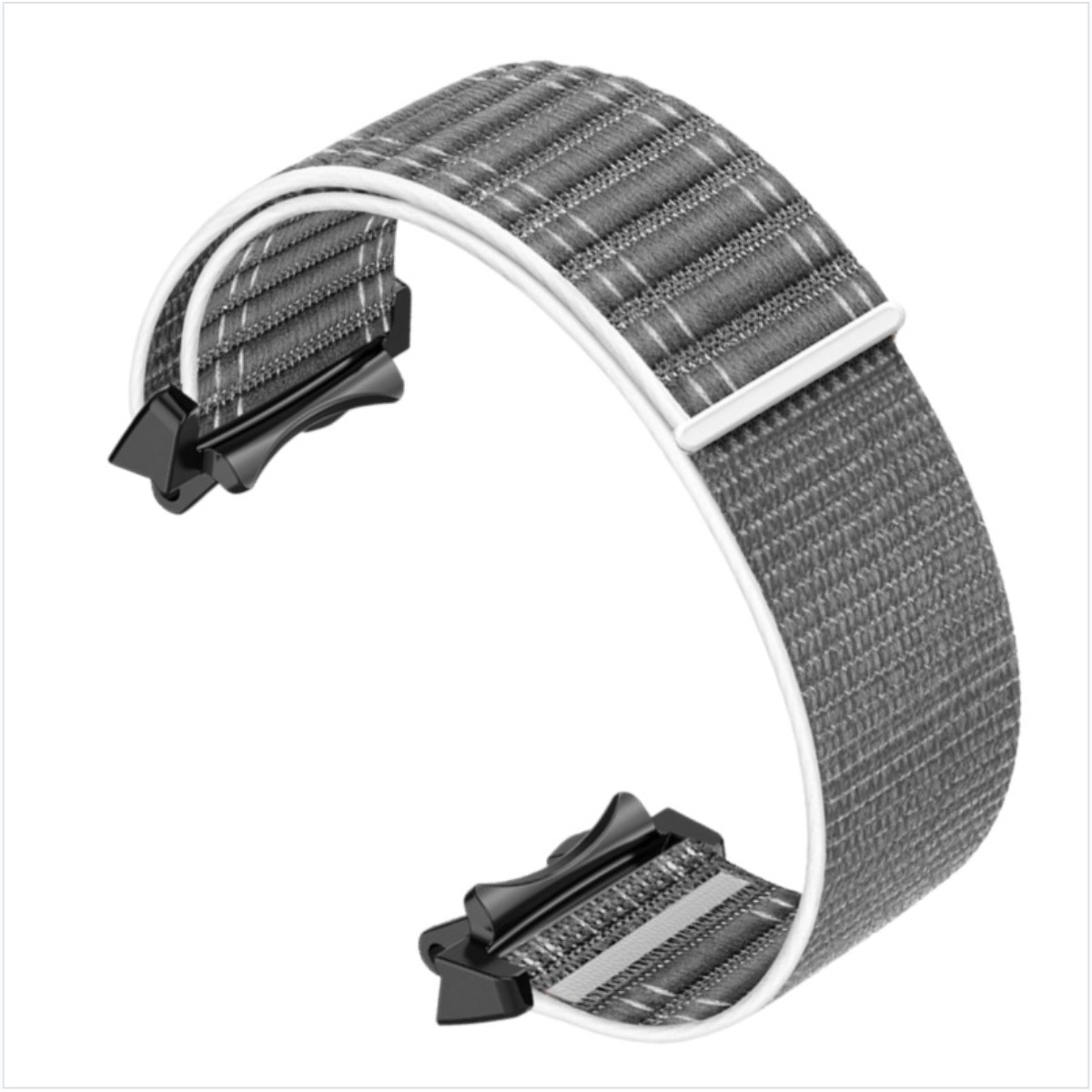 Graues Textil-Uhrenarmband mit weißen Streifen und schwarzen Anschlüssen.