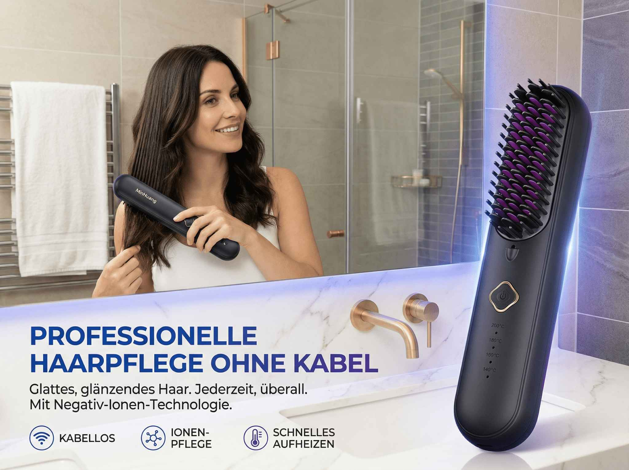 Eine Frau kämmt ihr Haar mit einer dunklen Haarbürste mit lila Borsten.