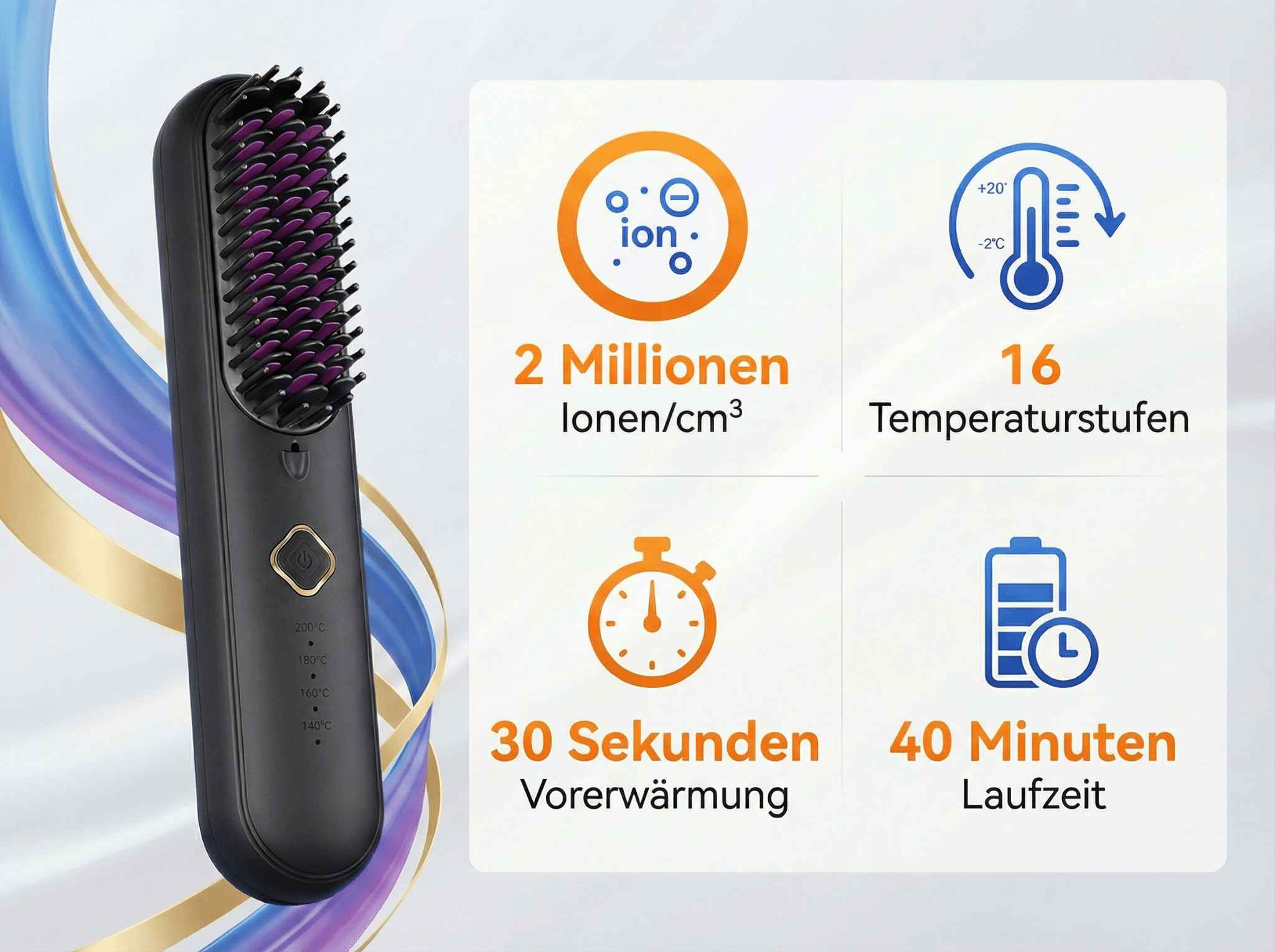 Schwarzer Glätteisenkamm mit lila Borsten. Info-Kacheln: 2 Mio Ionen, 16 Stufen, 30s Aufwärmzeit, 40min Laufzeit.