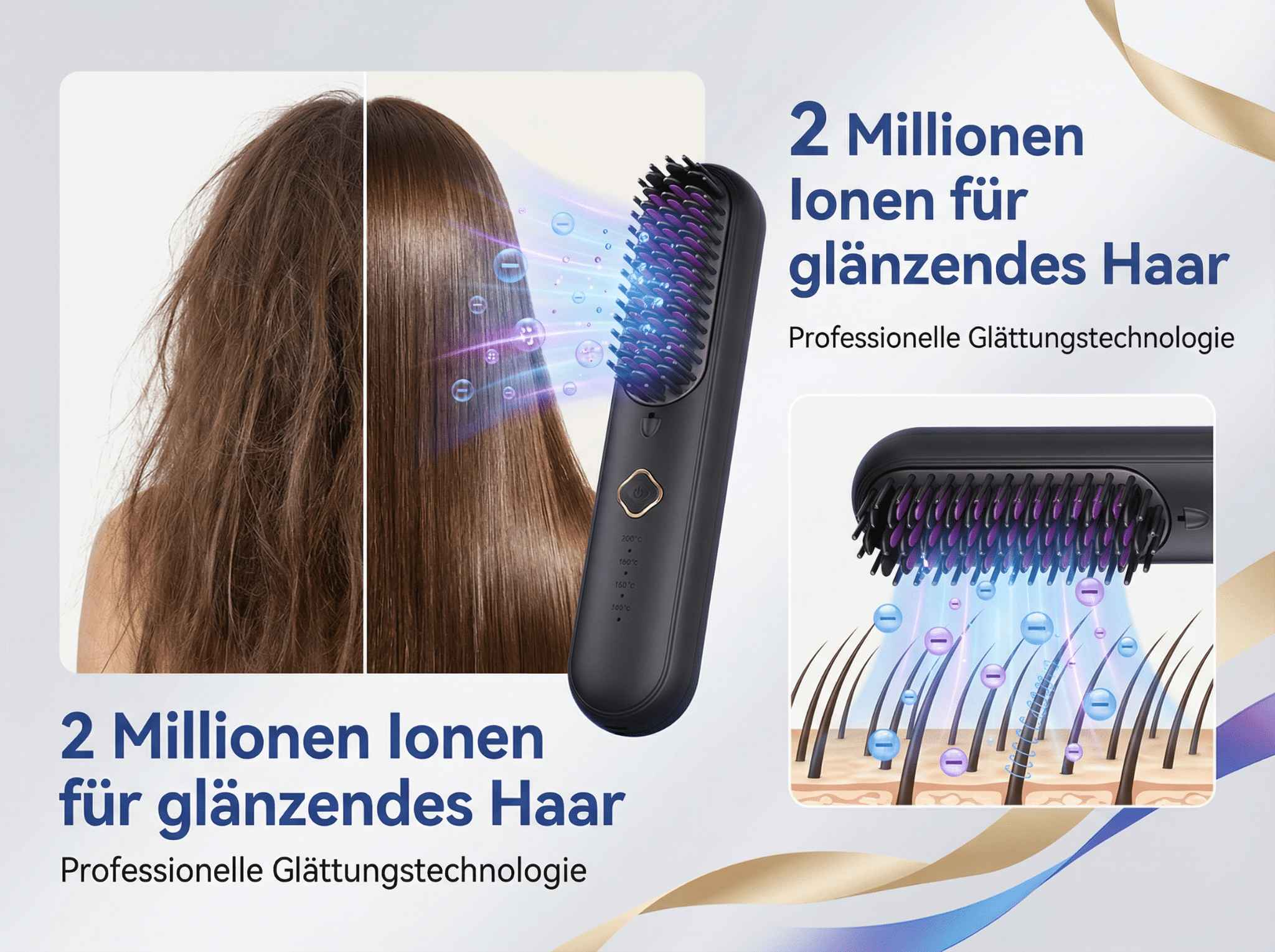 Vorher/Nachher-Vergleich von Haar mit Glättebürste und Ionen-Technologie.