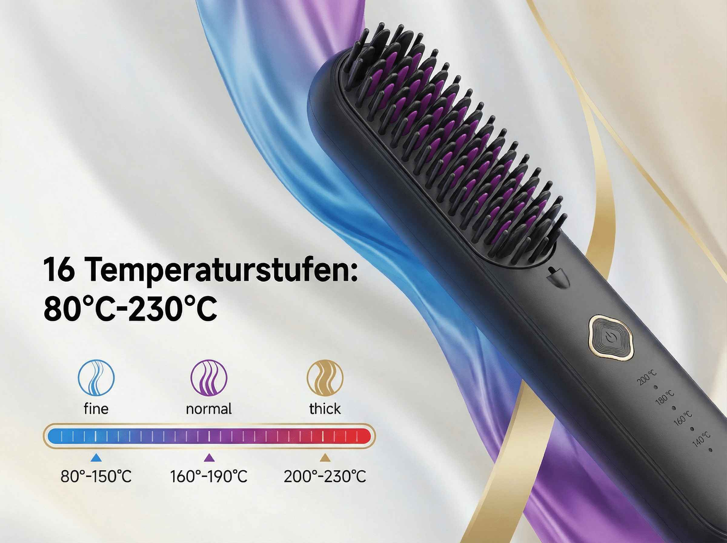 Schwarzer Glättebürste mit lila Borsten, 16 Temperaturstufen, 80-230°C.